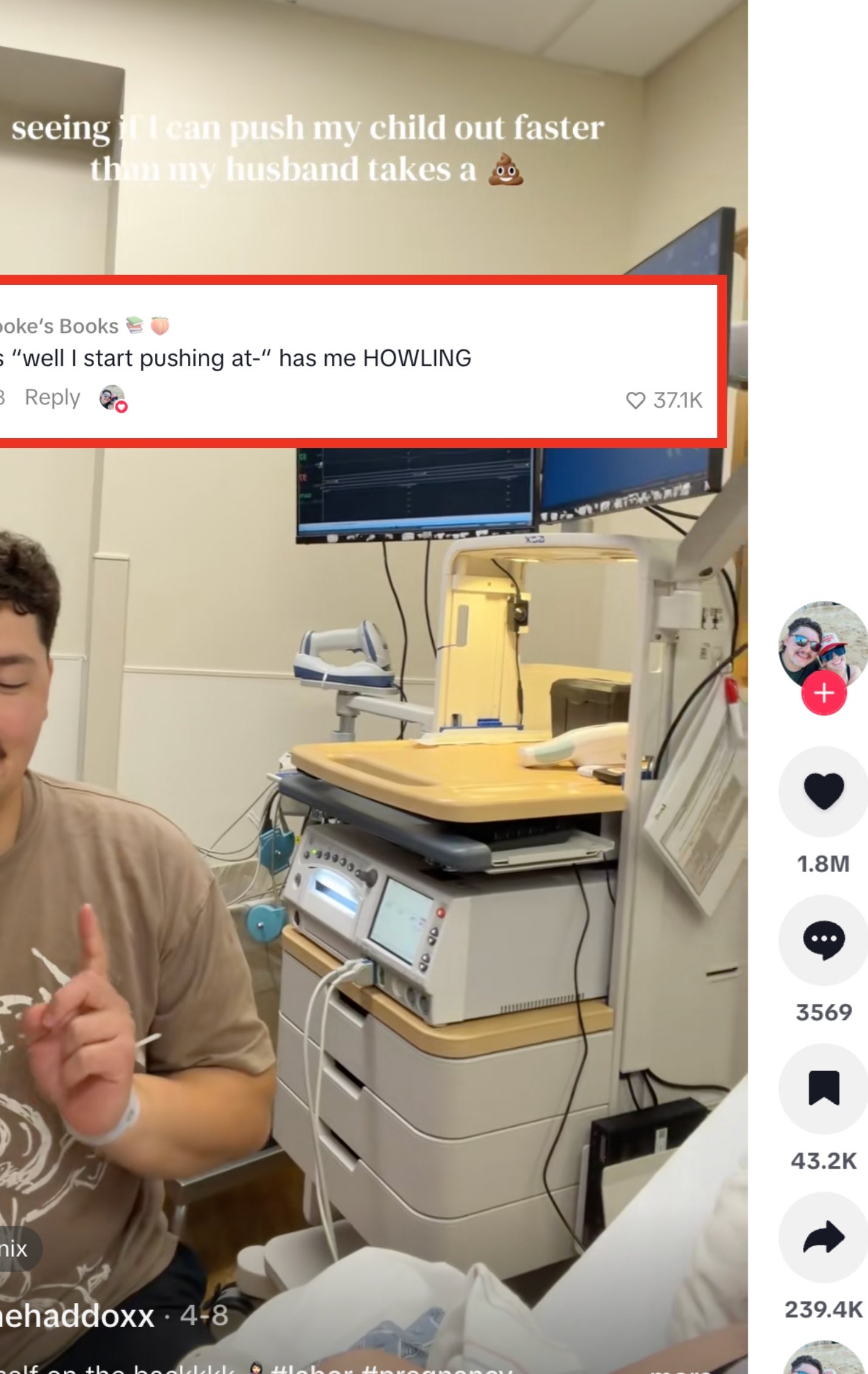 Someone successful  a infirmary  room, joking astir  childbirth velocity  compared to a husband's task   time, with aesculapian  instrumentality  successful  the background