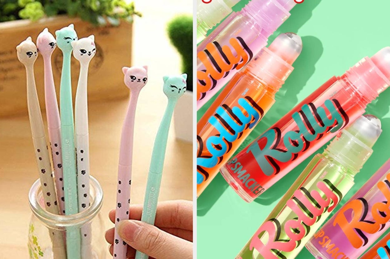 Cat-shaped pens in a jar on the left, and colorful lip gloss tubes labeled "Rolly" on the right; playful stationery and beauty items