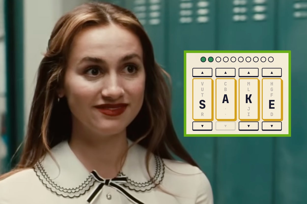 Person in a blouse with a patterned collar stands near lockers, next to a Wordle grid displaying the word "SAKE."