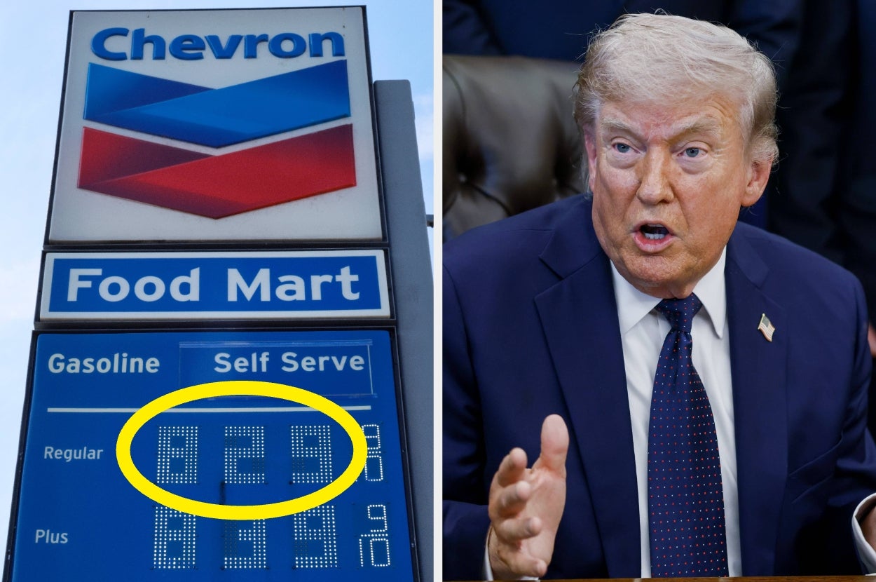 Chevron gas price sign showing $8.29 per gallon next to a person in a suit and tie speaking