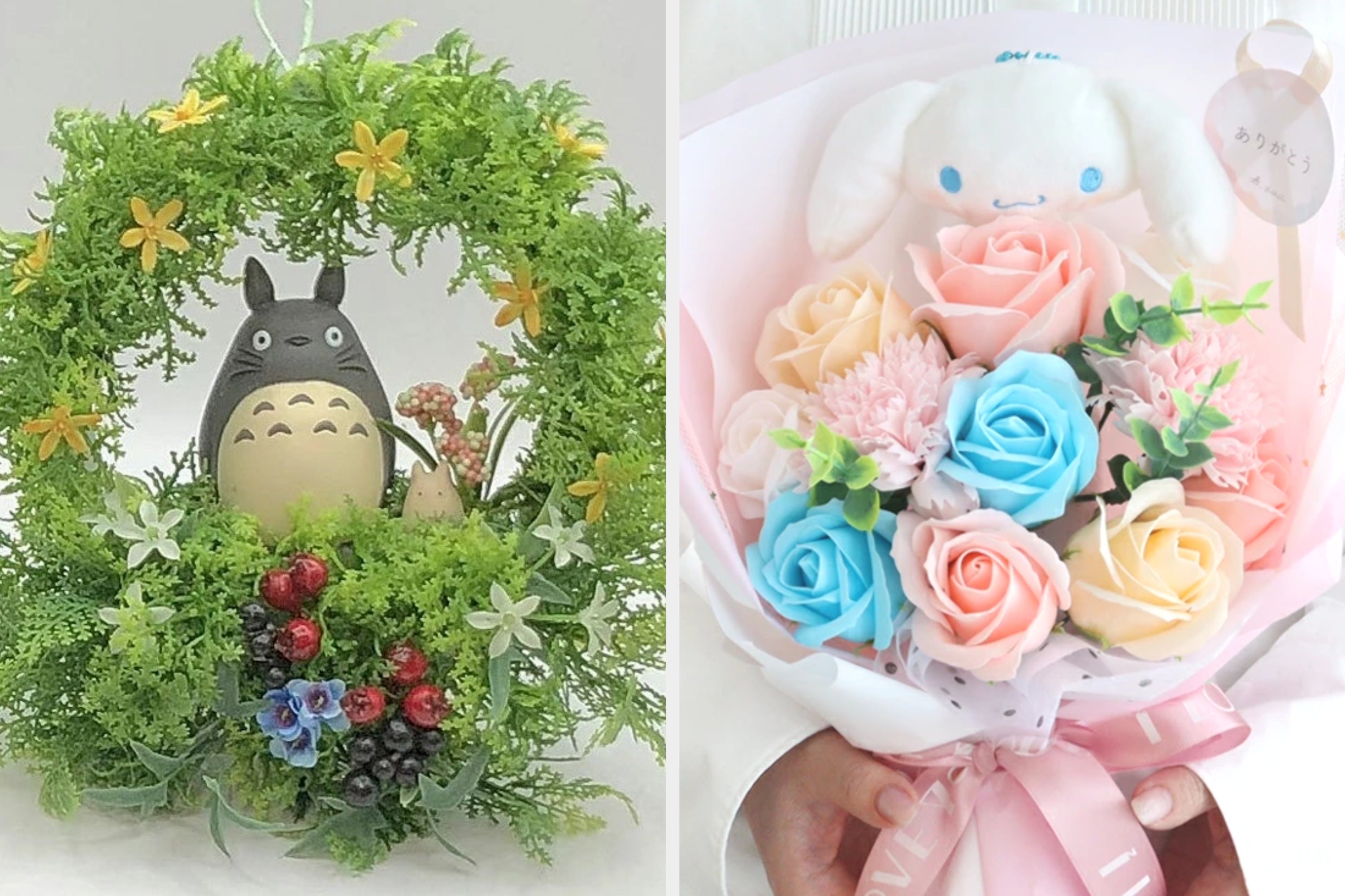 左がとなりのトトロ「仲良しトトロペアリース 」。右が「サンリオキャラクター フローラル ソープフラワーブーケ」シナモロールバージョン。