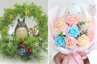 左がとなりのトトロ「仲良しトトロペアリース 」。右が「サンリオキャラクター フローラル ソープフラワーブーケ」シナモロールバージョン。