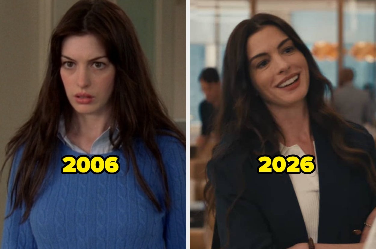 Side-by-side images of a woman in 2006 wearing a blue sweater and in 2026 with long hair and a blazer, showing a fictional then-and-now comparison