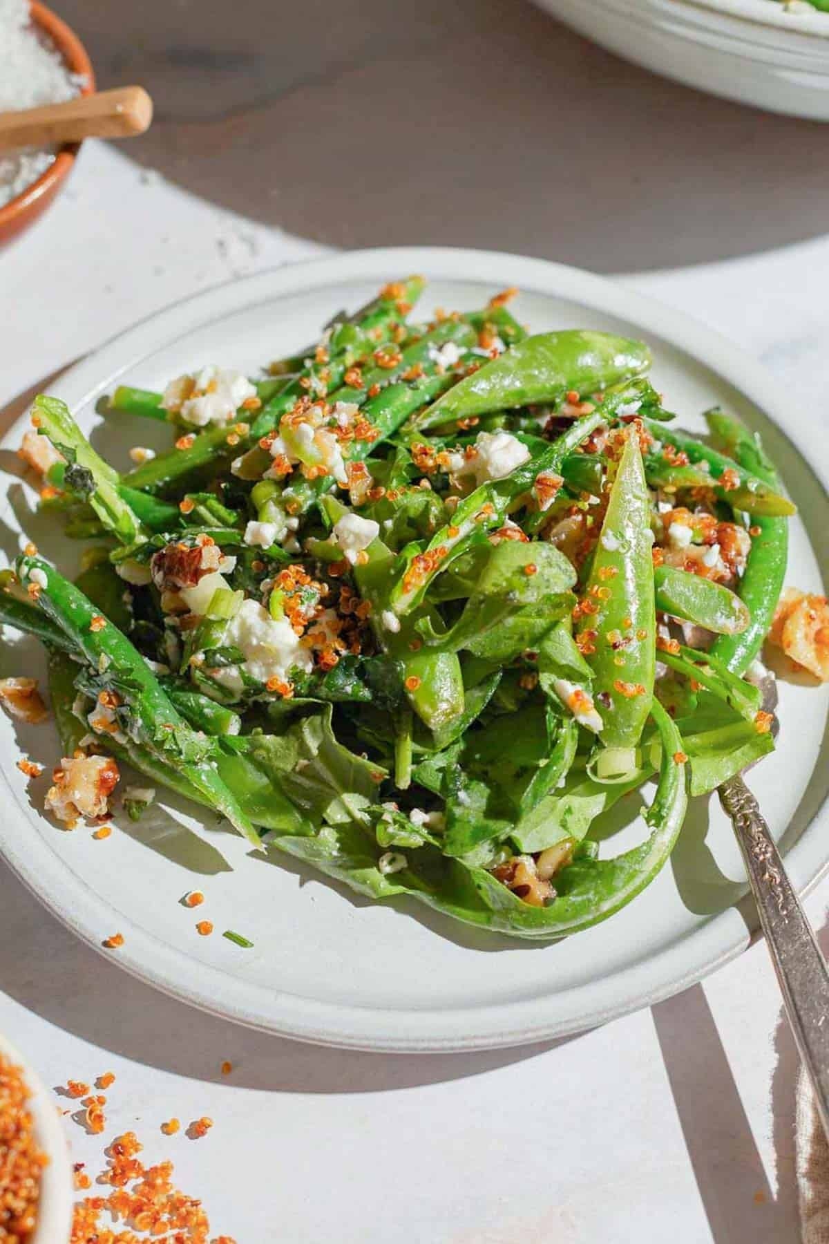 Fresh salad with snap peas, leafy greens, feta cheese, and quinoa on a plate