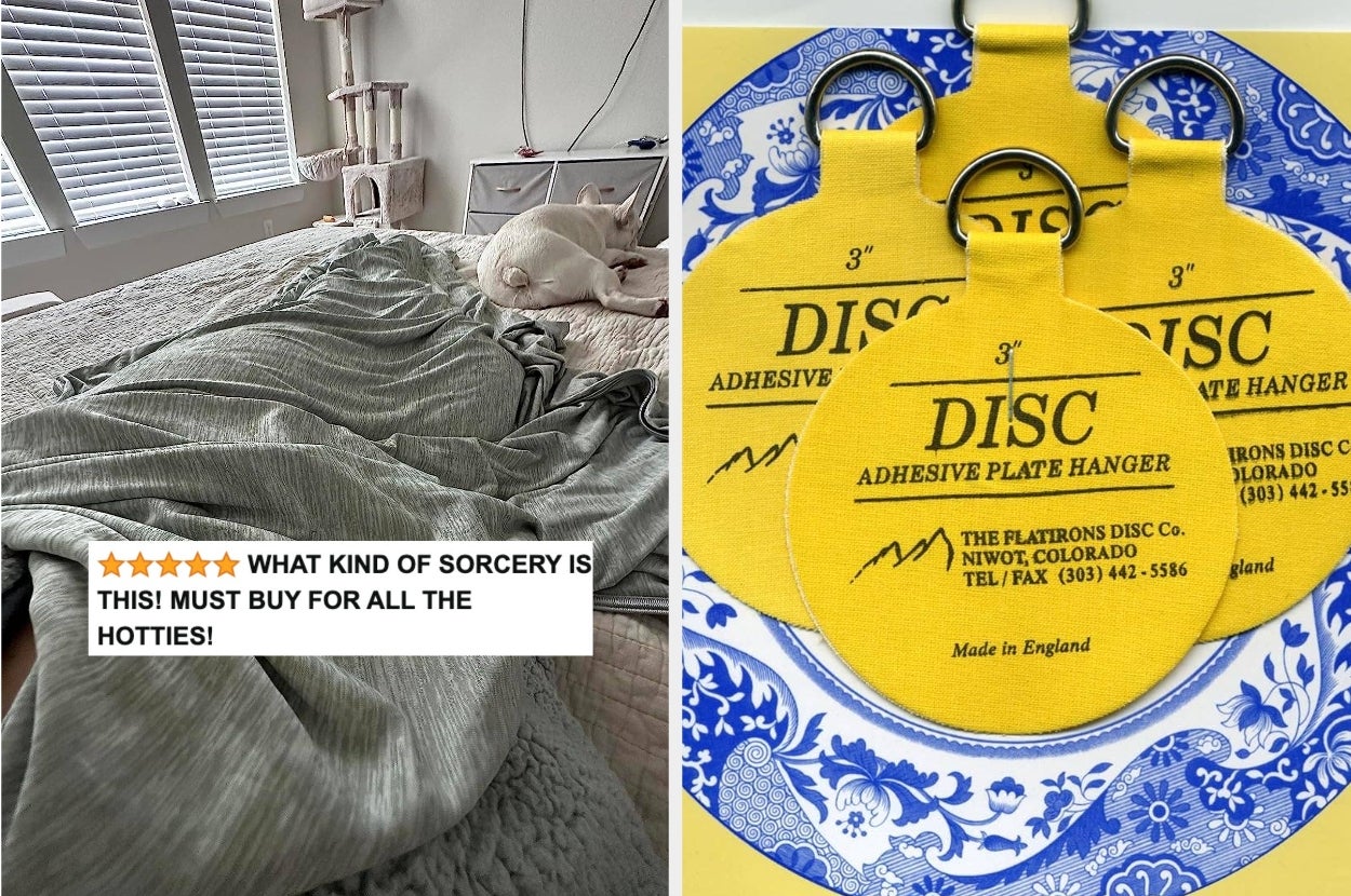 Left: Bed with cozy blankets and sleeping cat. Right: Yellow adhesive plate hangers on decorative plates