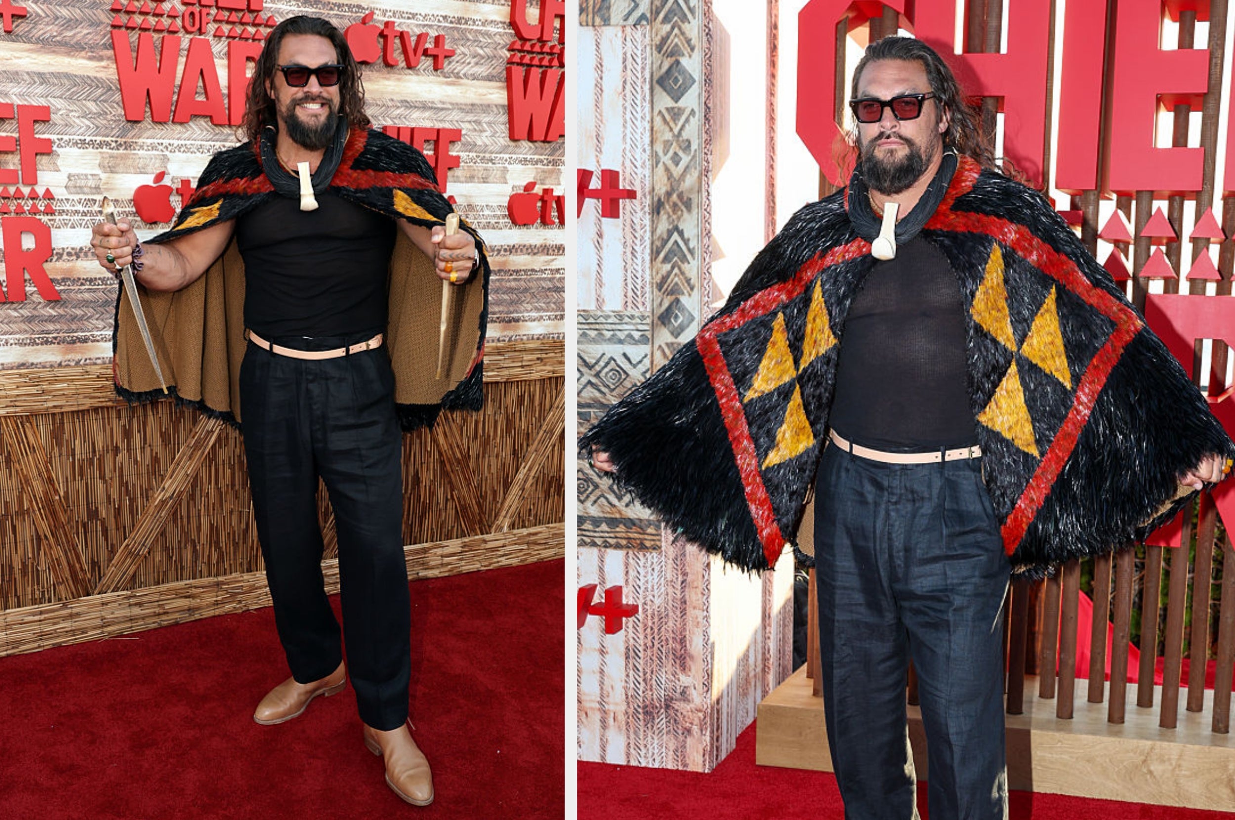 Celebrity connected  reddish  carpet wearing a geometric-patterned cape, achromatic  shirt, and acheronian  pants, accessorized with sunglasses and necklace