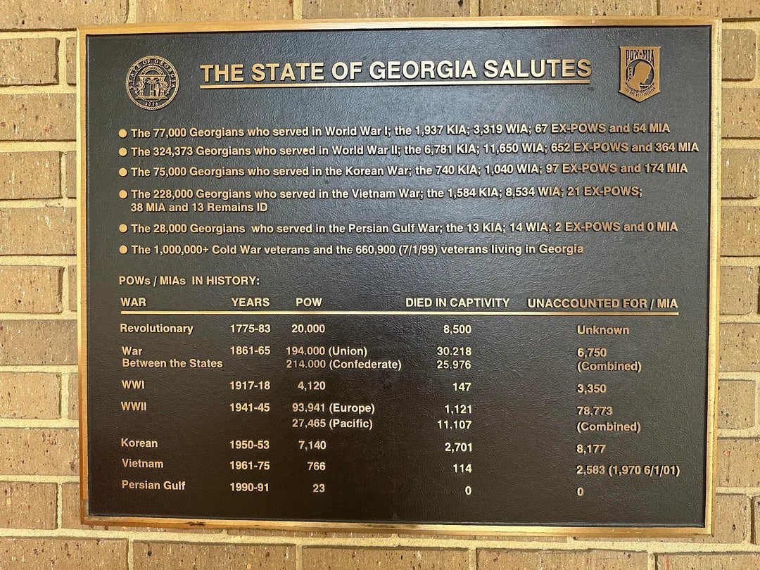 Plaque honoring Georgians who served successful  wars from the Revolutionary War to the Persian Gulf War, listing KIA, POWs, and MIAs by conflict