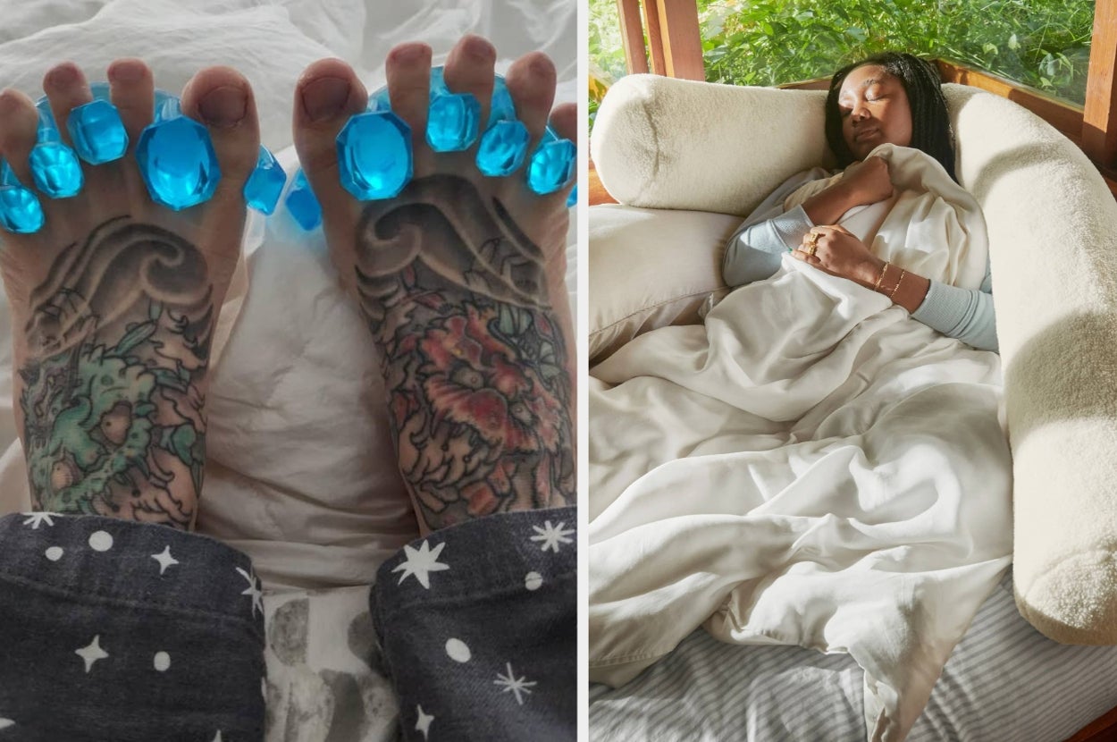 Tattooed feet with blue toe separators and star-patterned pajamas; person sleeping peacefully under a blanket in a cozy setting