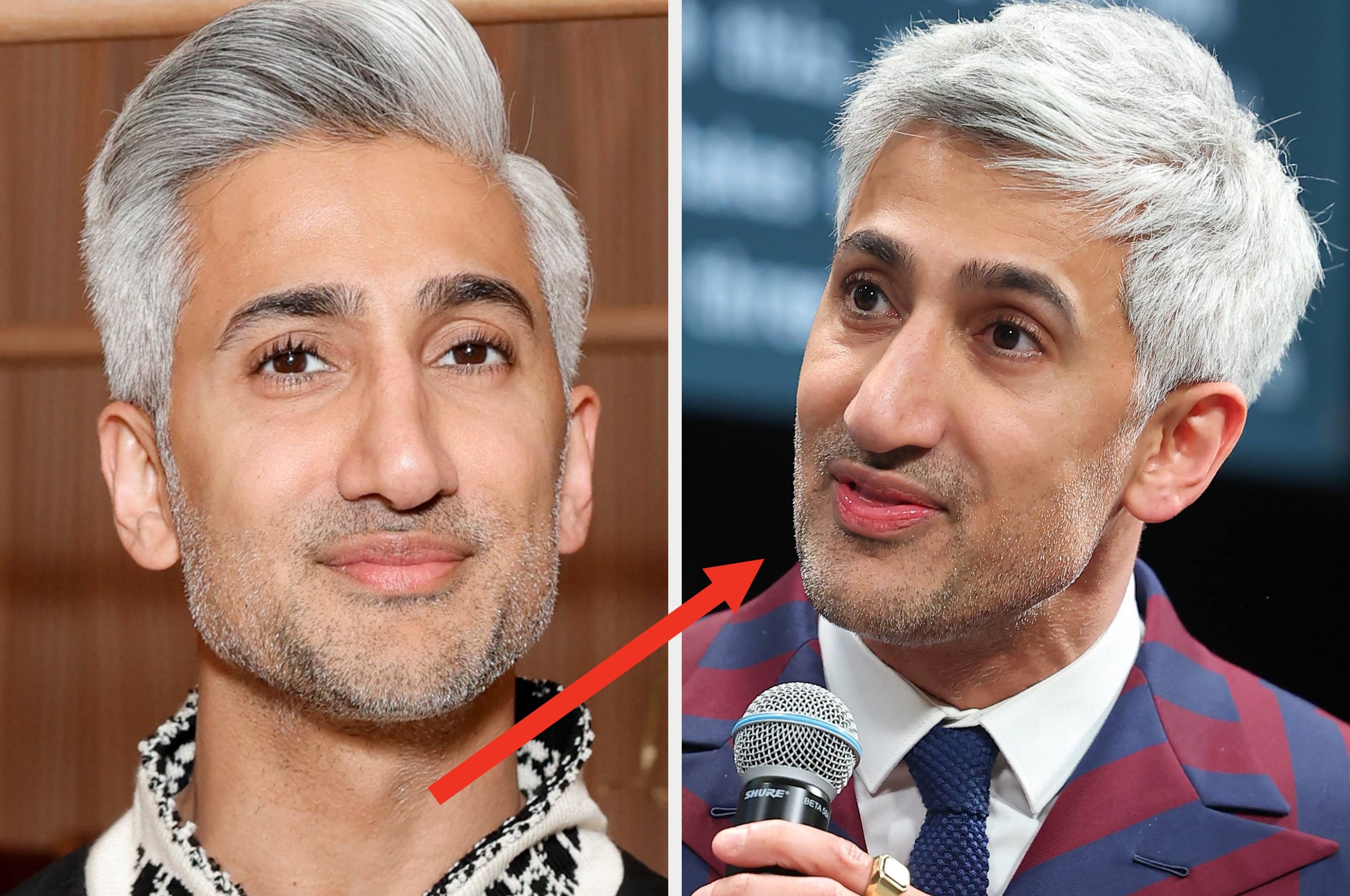 Two side-by-side images of a person with short hair; left: wearing a patterned jacket, right: talking on a video call, wearing earbuds