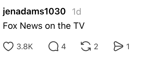 Social media station  by jenadams1030 showing engagement icons and substance   saying, "Fox News connected  the TV."