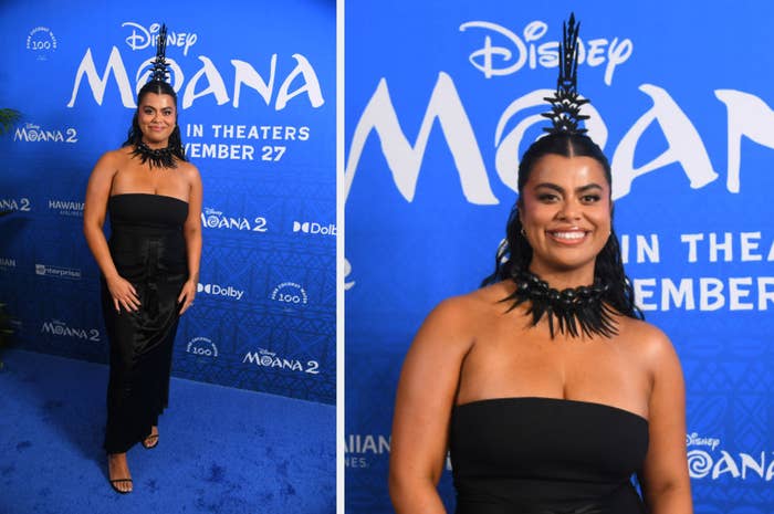 Person connected  reddish  carpet successful  strapless achromatic  formal  with unsocial   spiked headpiece, attending a "Moana 2" event