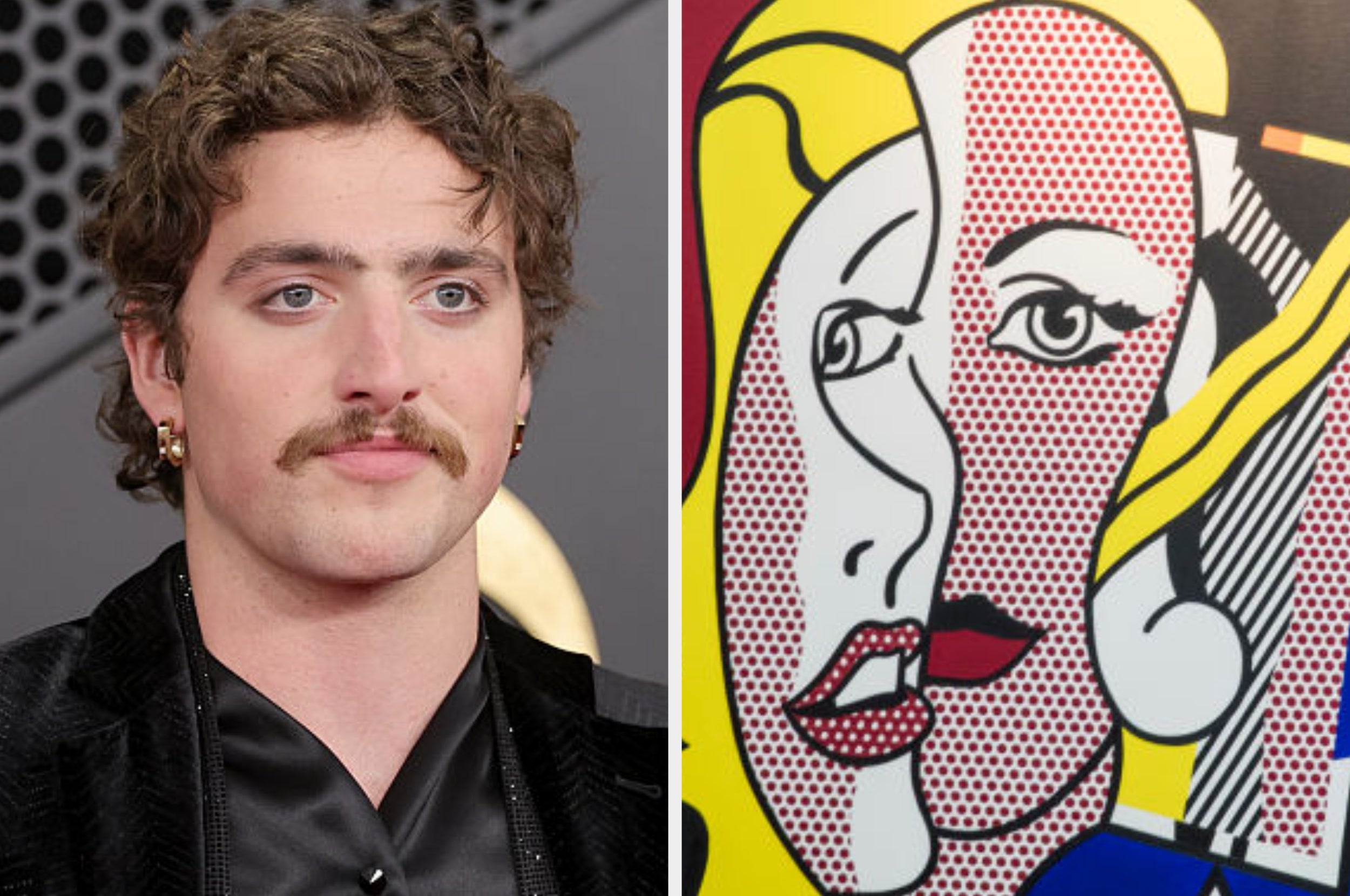 Left: Individual on the red carpet in a black tuxedo, curly hair, and mustache. Right: Pop art face with abstract features and dotted patterns