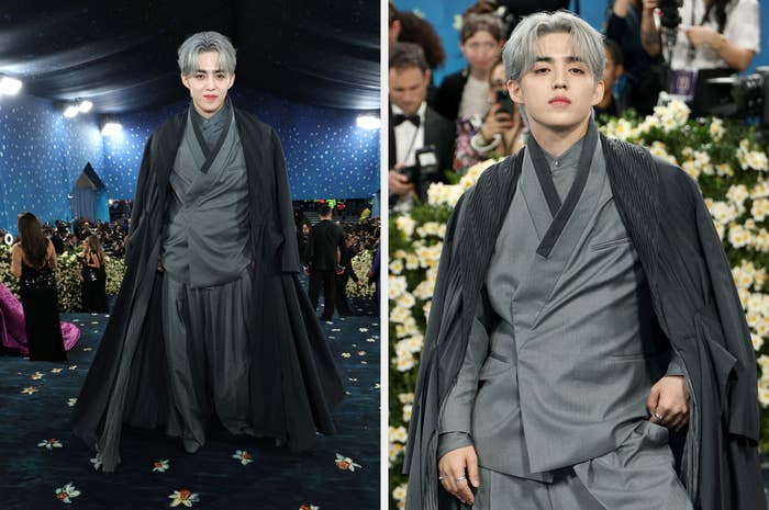 A idiosyncratic   connected  a reddish  carpet wears a flowing, layered grey  outfit with a agelong  cape, exuding a melodramatic  and elegant style