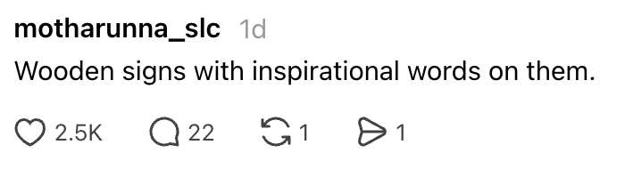 Social media station  mentions woody  signs displaying inspirational words. 2.5K likes, 22 comments, 1 share