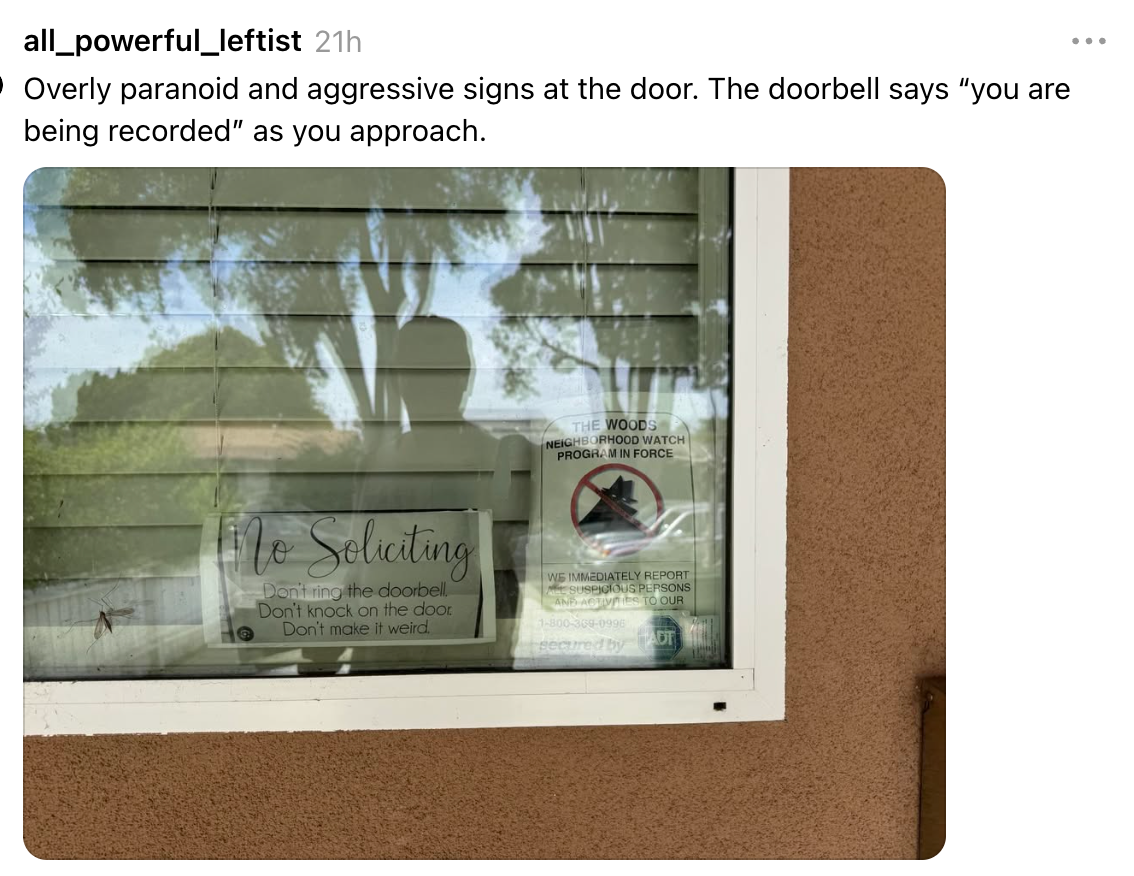 Sign connected  doorway  speechmaking  "No Soliciting. Don't ringing  oregon  sound  connected  the door. Don't marque   it weird." Doorbell warns of recording