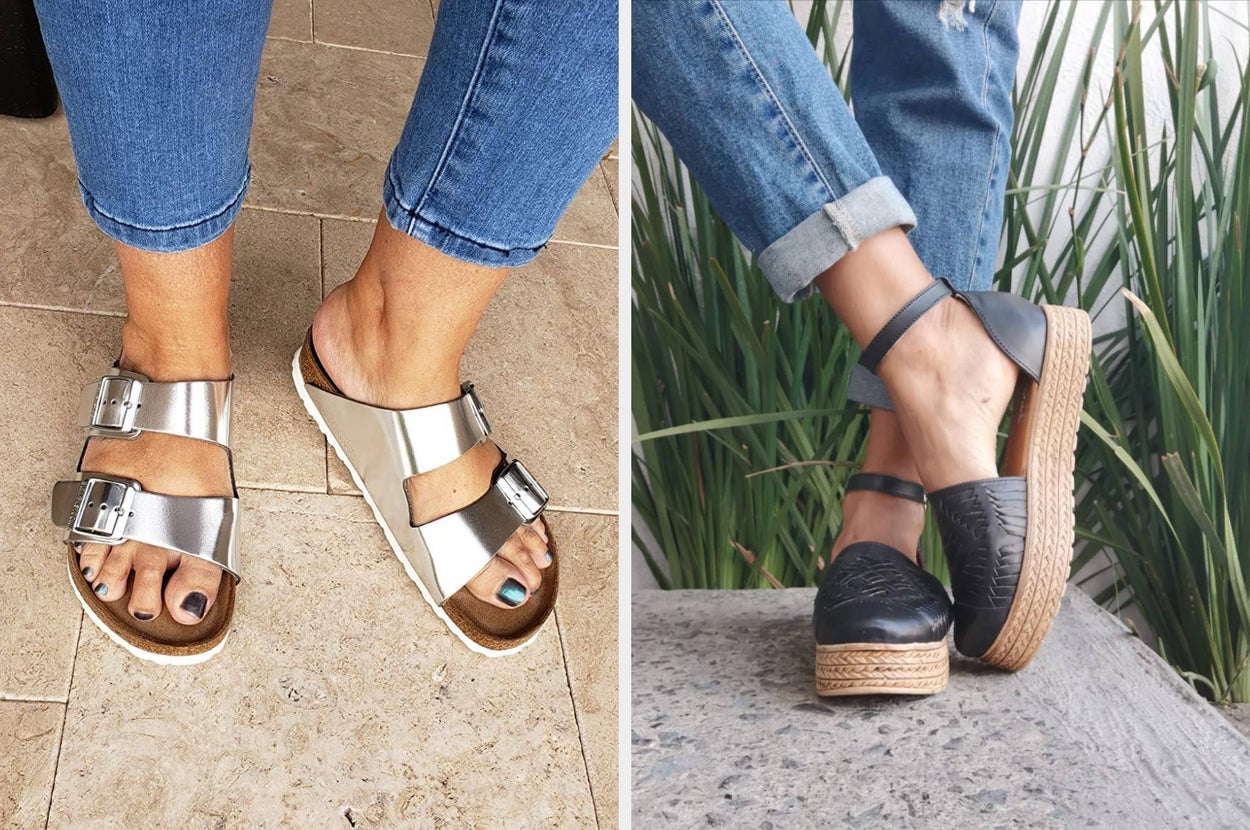 Left: Feet wearing metallic double-strap sandals with jeans. Right: Person in casual shoes and beige pants walking with a netted bag