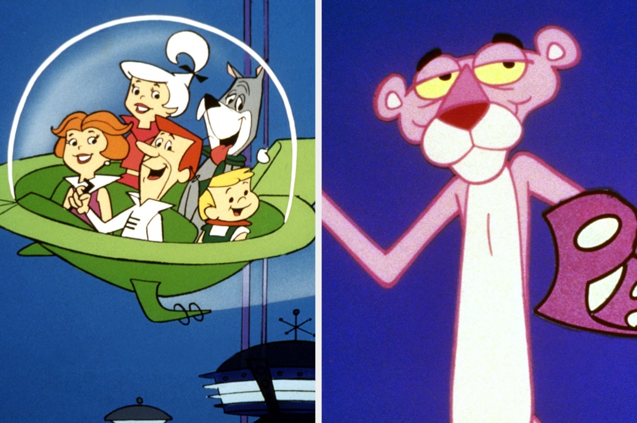 The Jetsons in their flying car next to the Pink Panther holding his signature mask