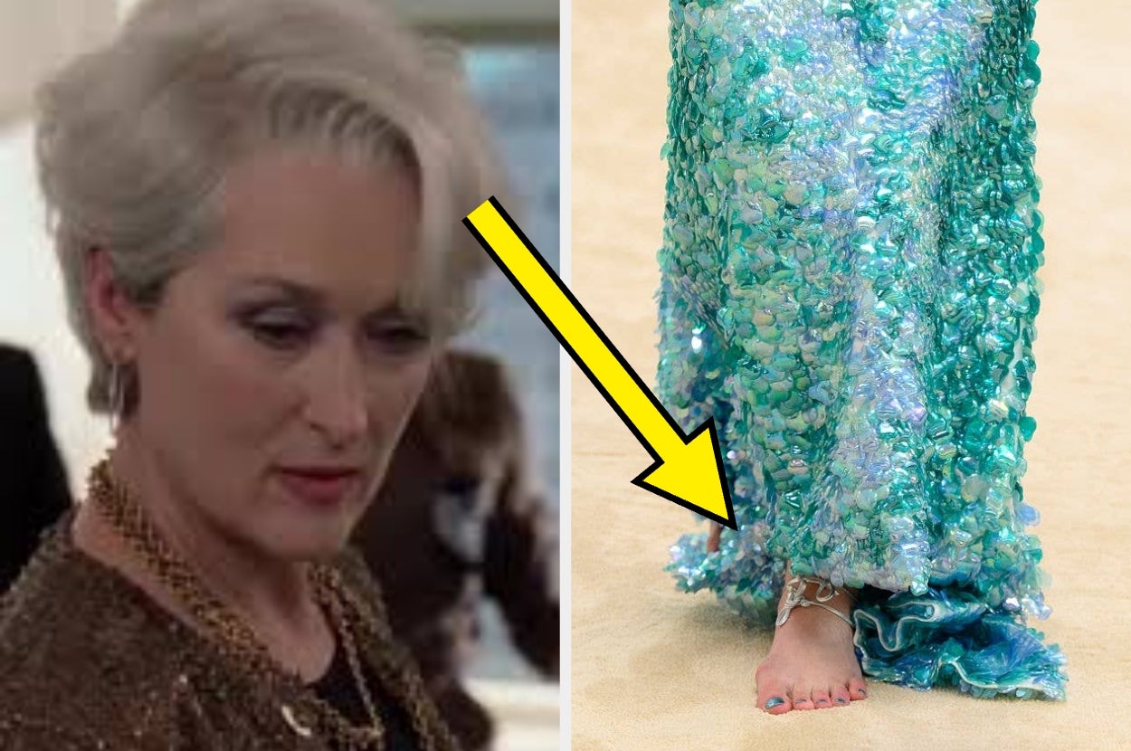 A woman in a sequin gown looks down thoughtfully. Close-up shows strappy sandal and foot peeking from under the gown's hem