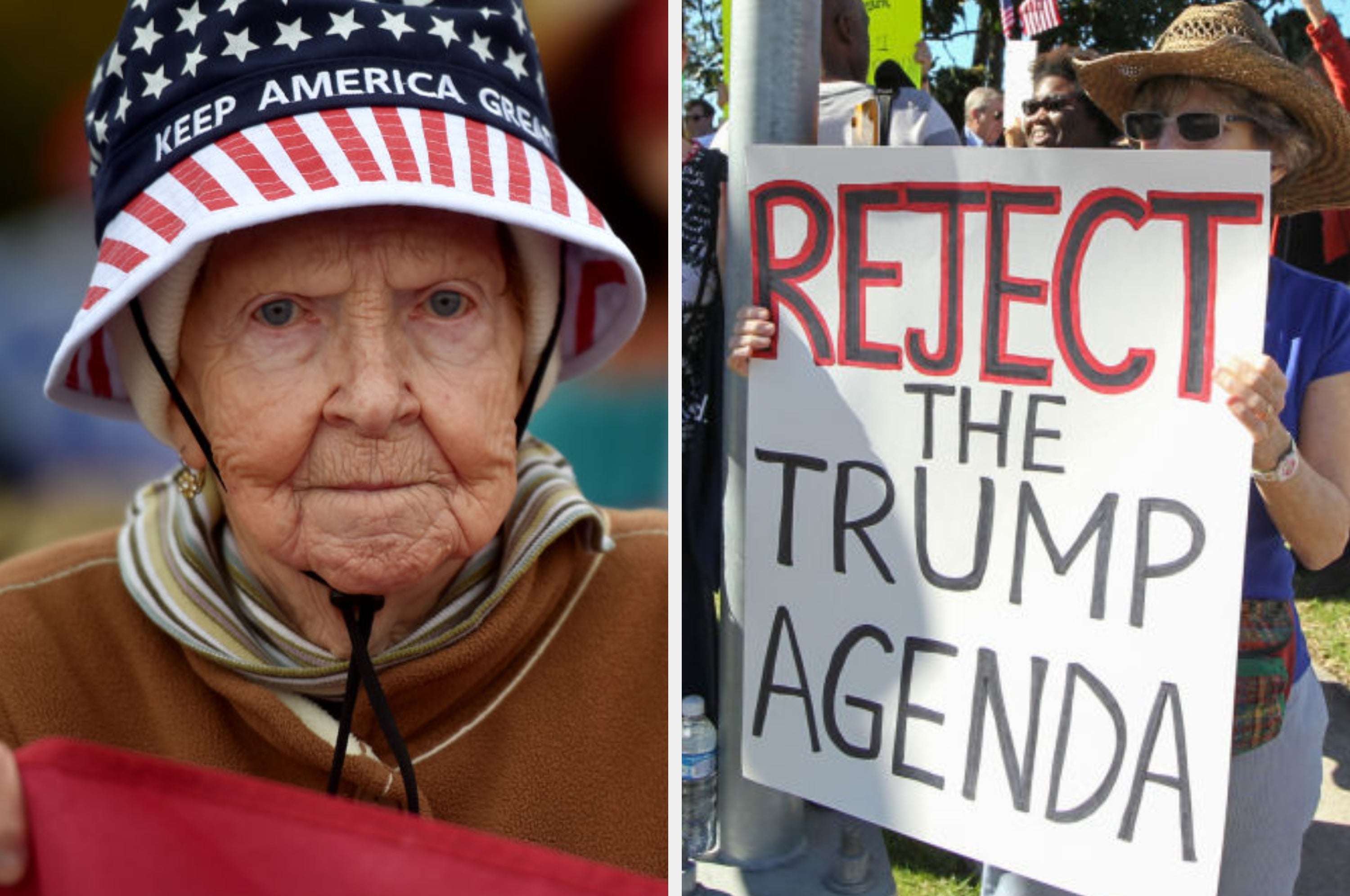 An older woman wears a patriotic MAGA hat next to an image of a protestor holding a sign that says "Reject the Trump Agenda"