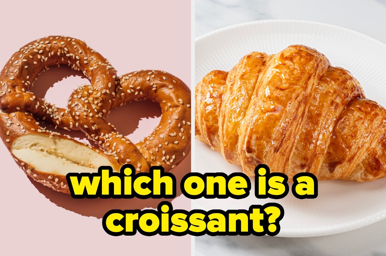 A split image with a sesame pretzel on the left and a flaky croissant on the right. Text asks: "which one is a croissant?"