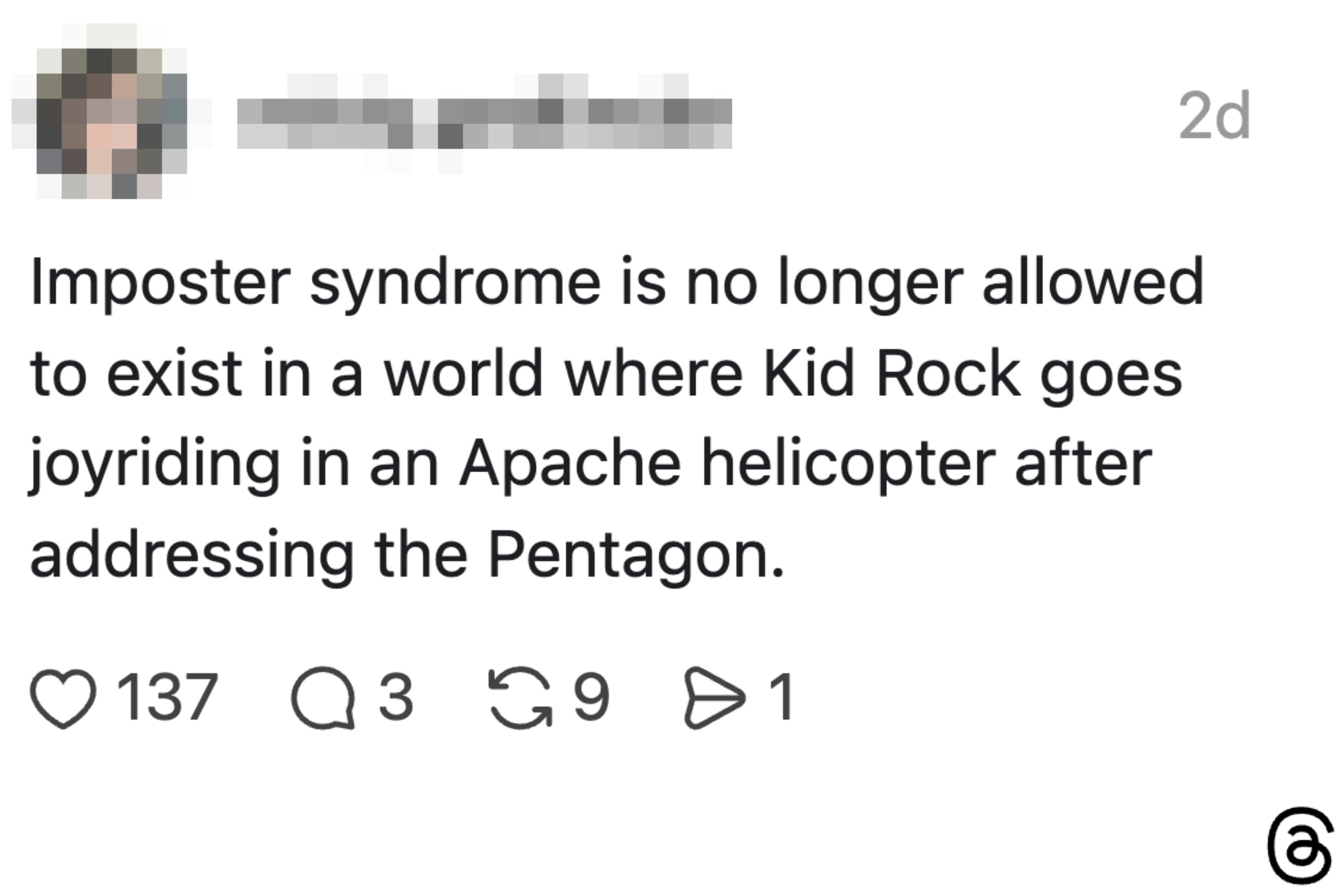 Post erklærer på humoristisk vis bedragersyndromet foreldet etter Kid Rocks helikoptertur etter Pentagon-arrangementet