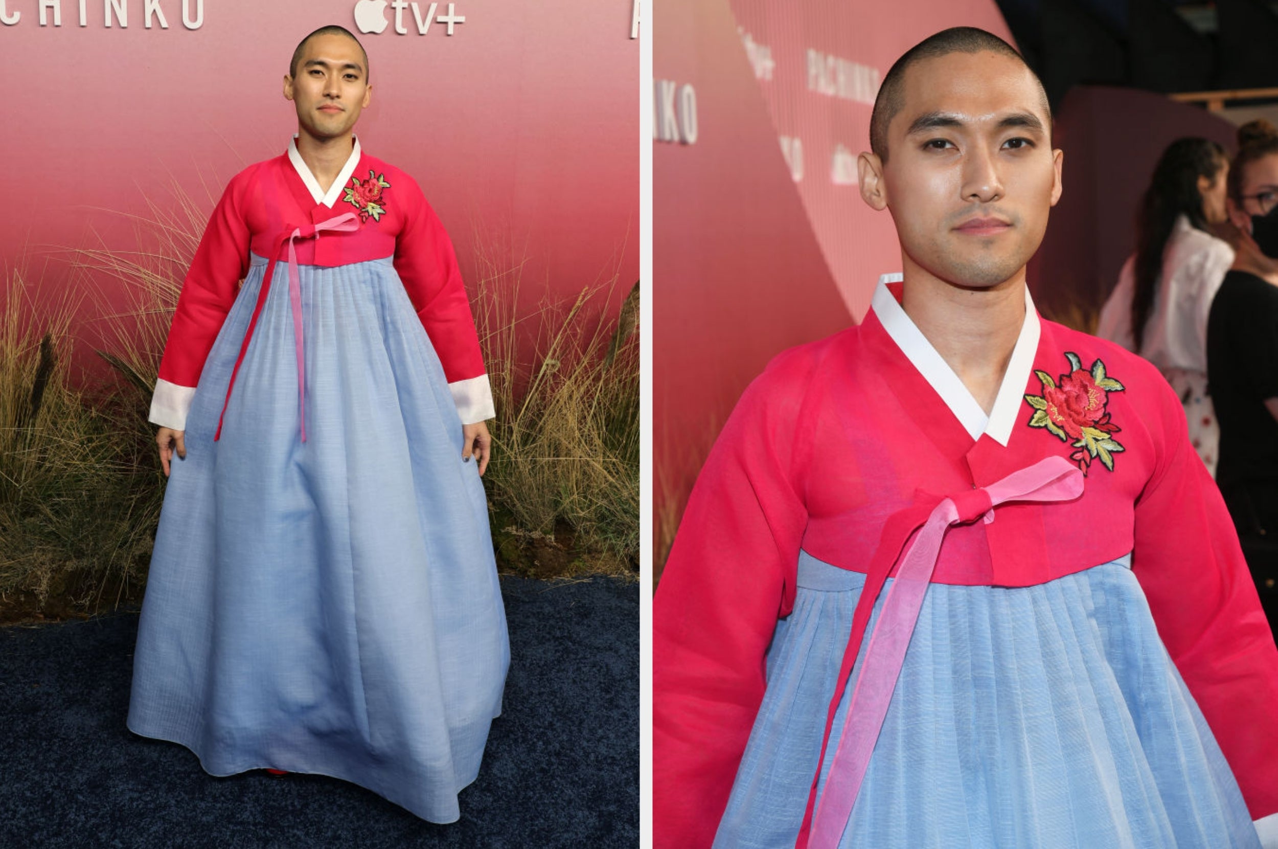Person successful  accepted   hanbok connected  reddish  carpet, featuring vibrant apical  and flowing skirt, attends a personage  event