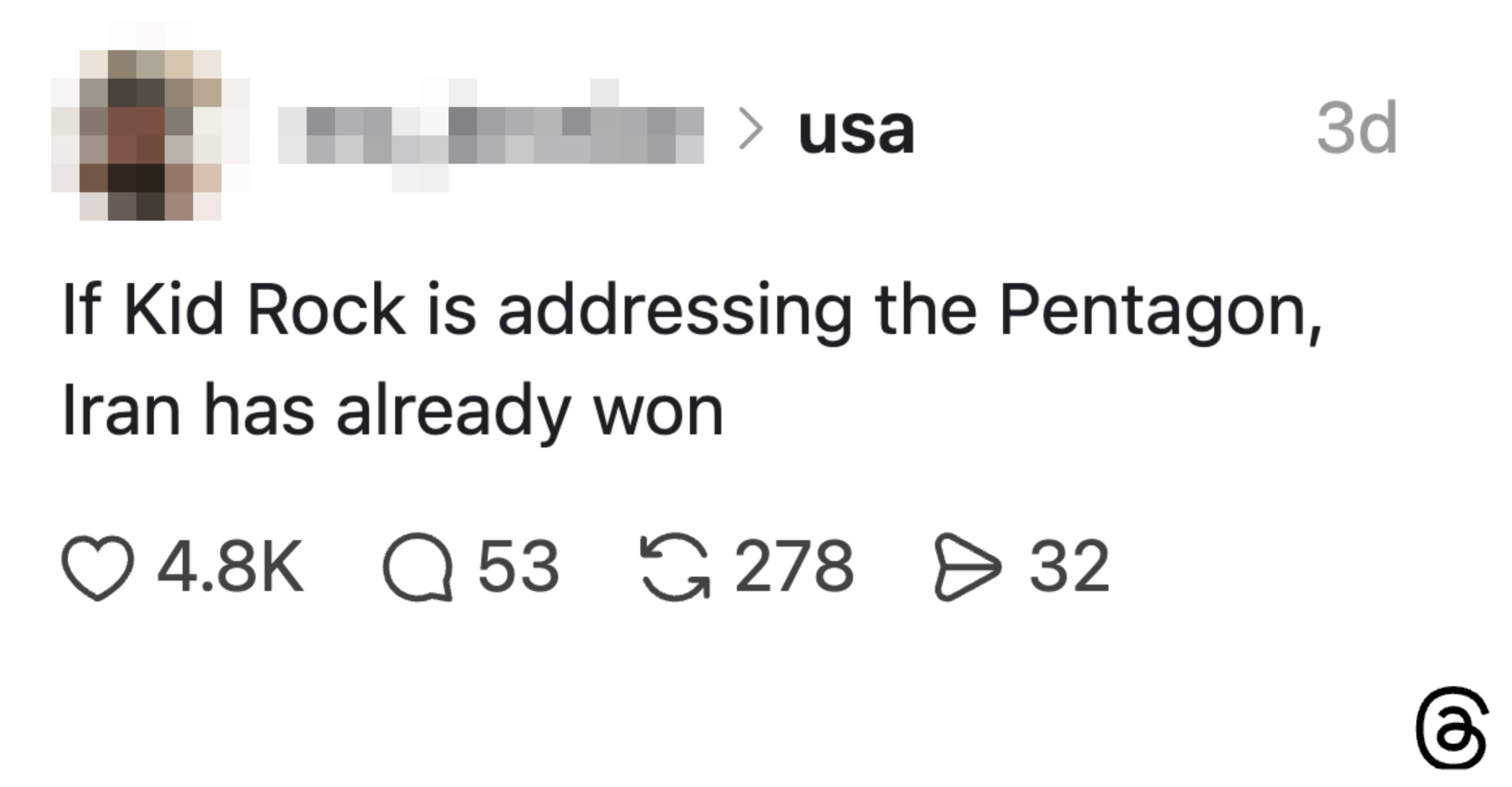 Sosiale medier-innlegg som fleiper om Kid Rock som henvender seg til Pentagon, noe som antyder Irans fordel