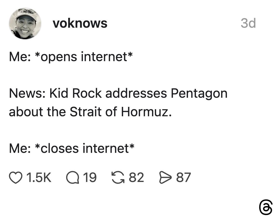Sosiale medier-innlegg som fleiper om Kid Rock som henvender seg til Pentagon angående Hormuzstredet; humoristisk respons på nyhetsinnhold