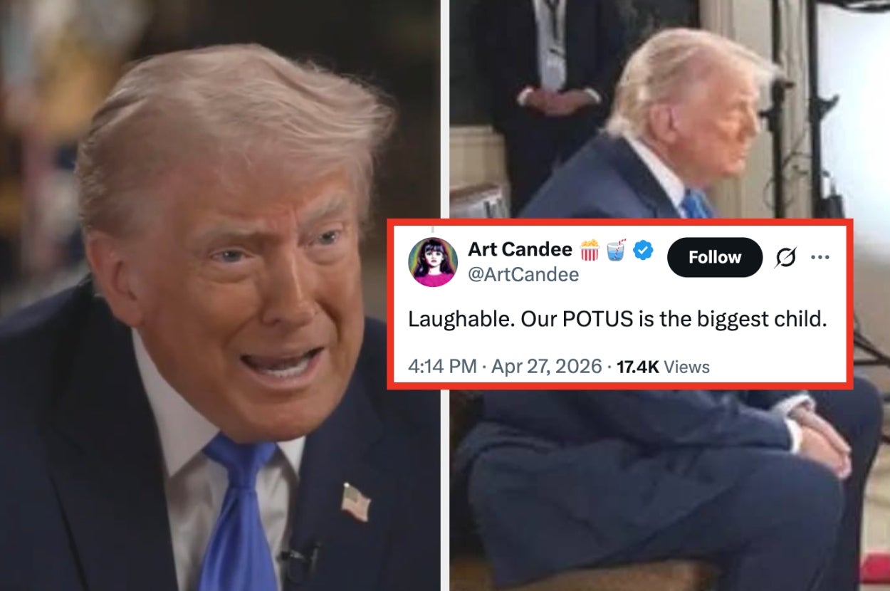 Person in a suit sitting for an interview. Overlayed tweet reads: "Laughable. Our POTUS is the biggest child."