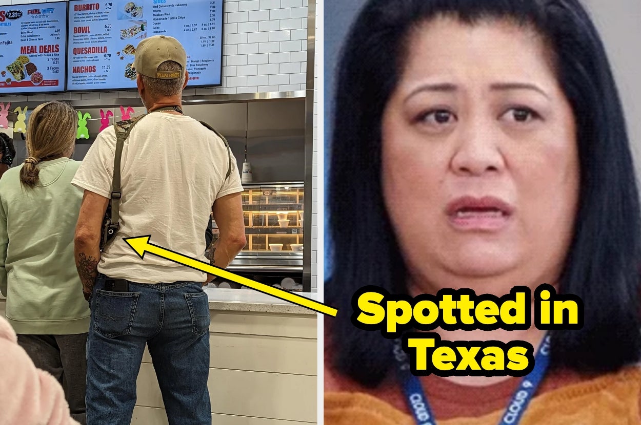 Two people in line at a fast-food restaurant; a man with a visible gun. Text says, "Spotted in Texas"