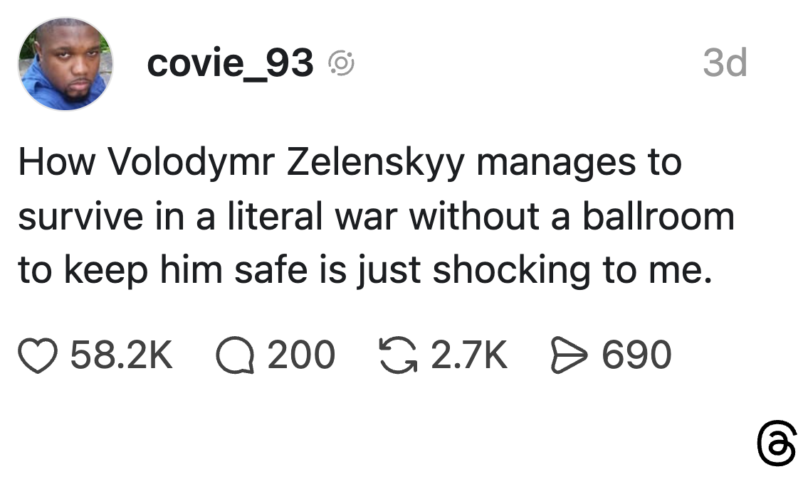 Skjermbilde av et innlegg på sosiale medier som stiller spørsmål ved hvordan Volodymyr Zelenskyy klarer seg under krigen uten ballsal, med engasjementmål vist