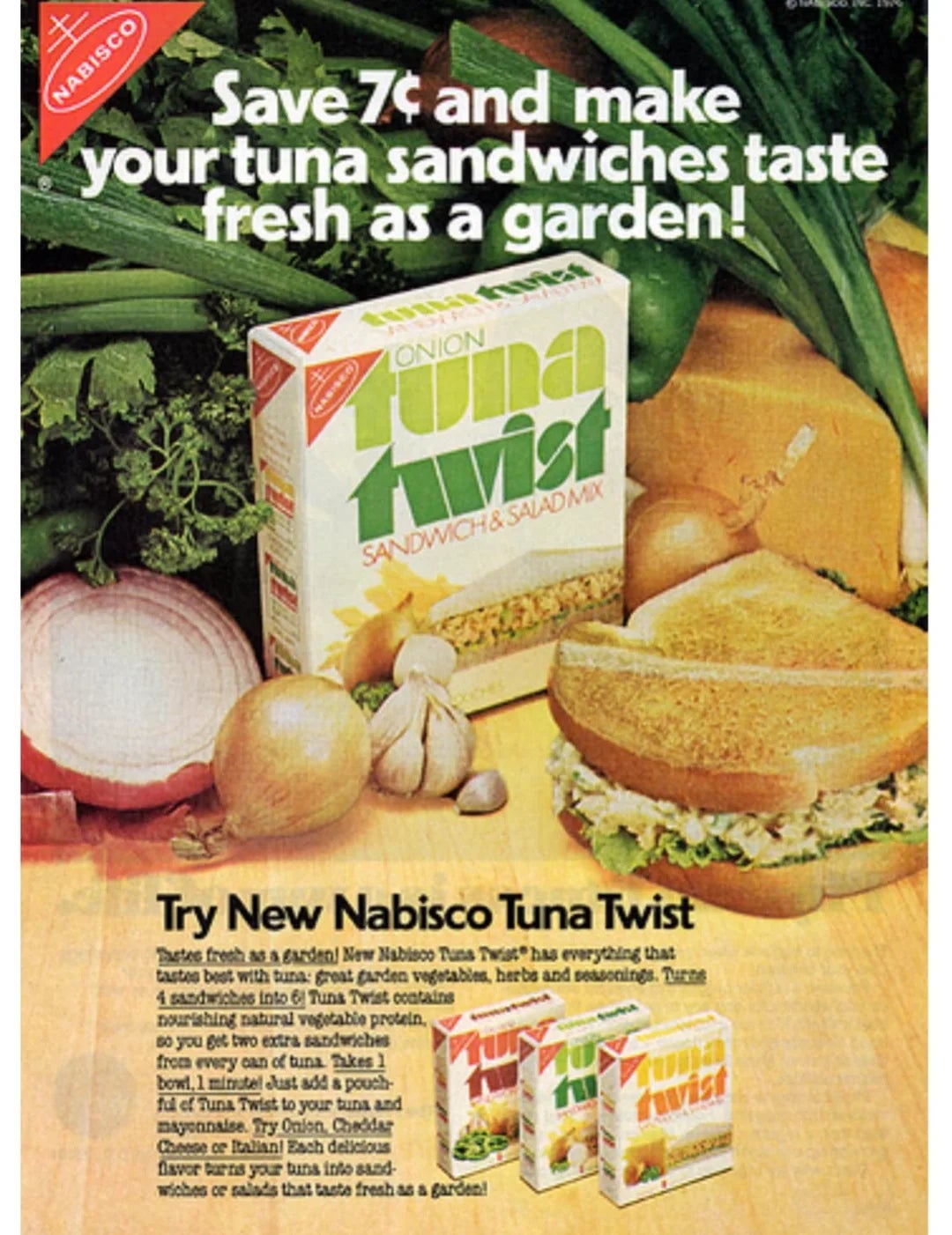 Vintage Nabisco ad for "Tuna Twist" with fresh ingredients and a sandwich. Offers a 7-cent discount and highlights garden flavor