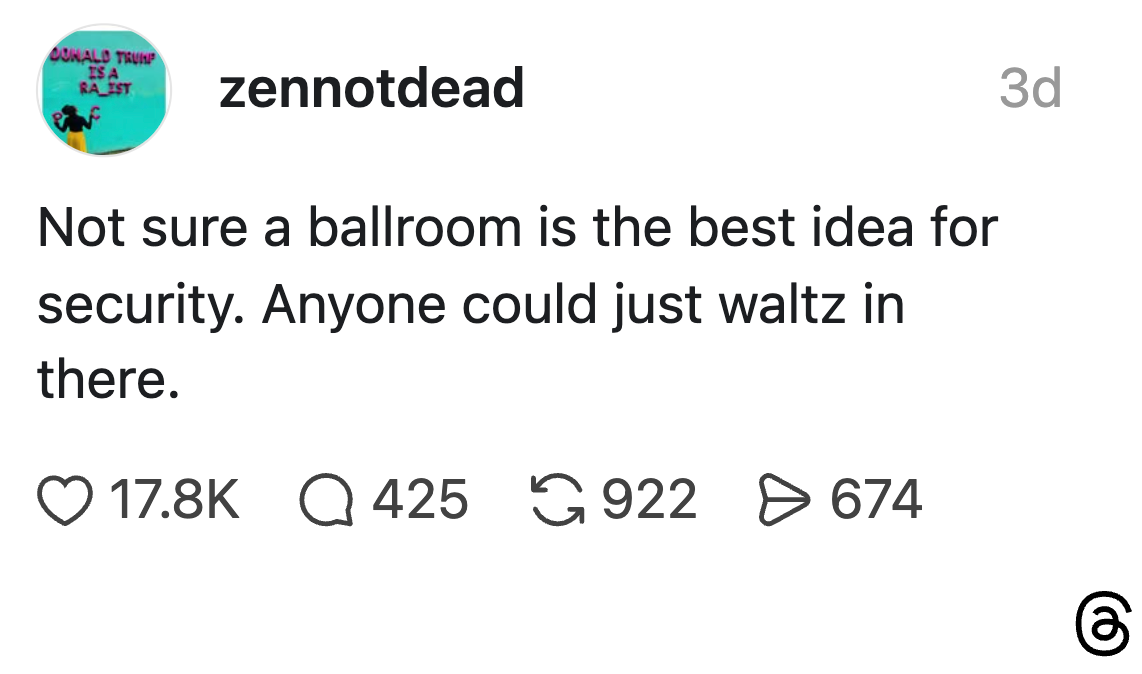 Sosiale medier-innlegg av zennotdead vitser om ballroom-sikkerhet, og antyder at hvem som helst lett kan valse inn
