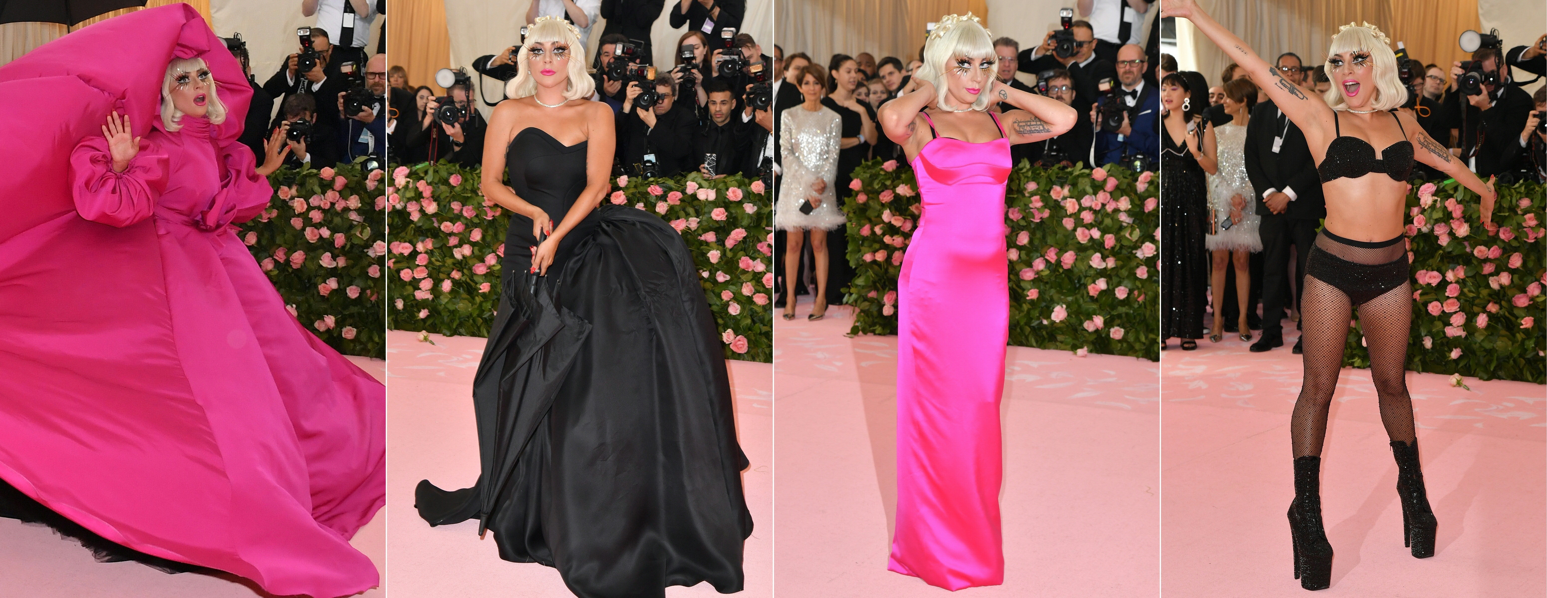 A personage  showcases 4  antithetic  outfits, including a voluminous gown, a sleek achromatic  dress, a vibrant pinkish  dress, and a chic lingerie set