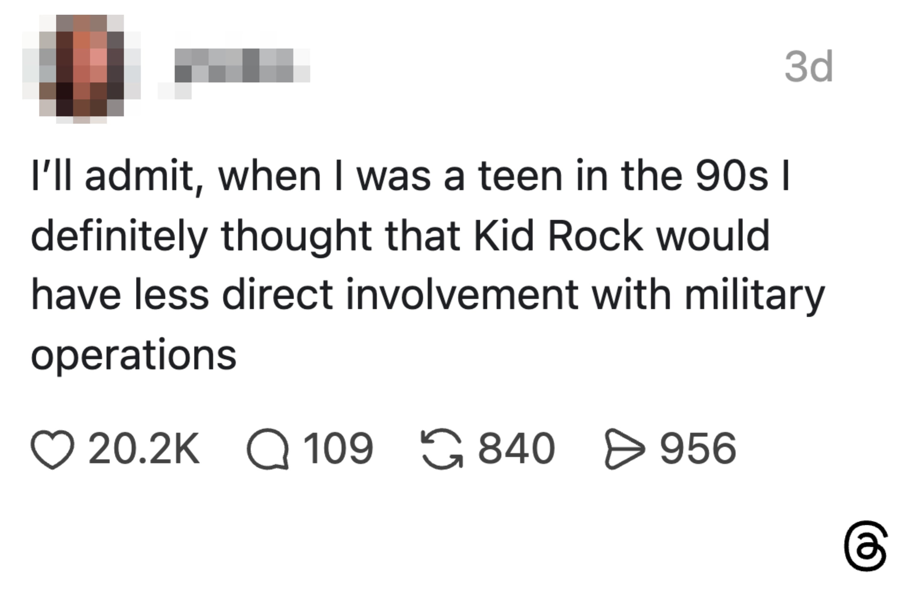 Sosiale medier-innlegg som fleiper om Kid Rocks uventede involvering i militære operasjoner, med 20,2 000 likes