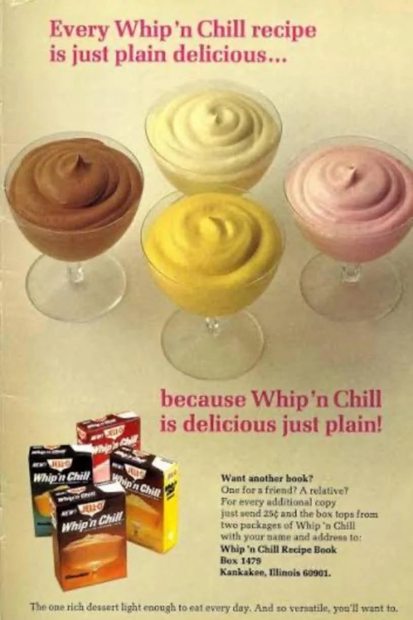 Five dishes of Whip'n Chill dessert are shown, alongside product boxes. Text promotes recipe ideas and offers a recipe book