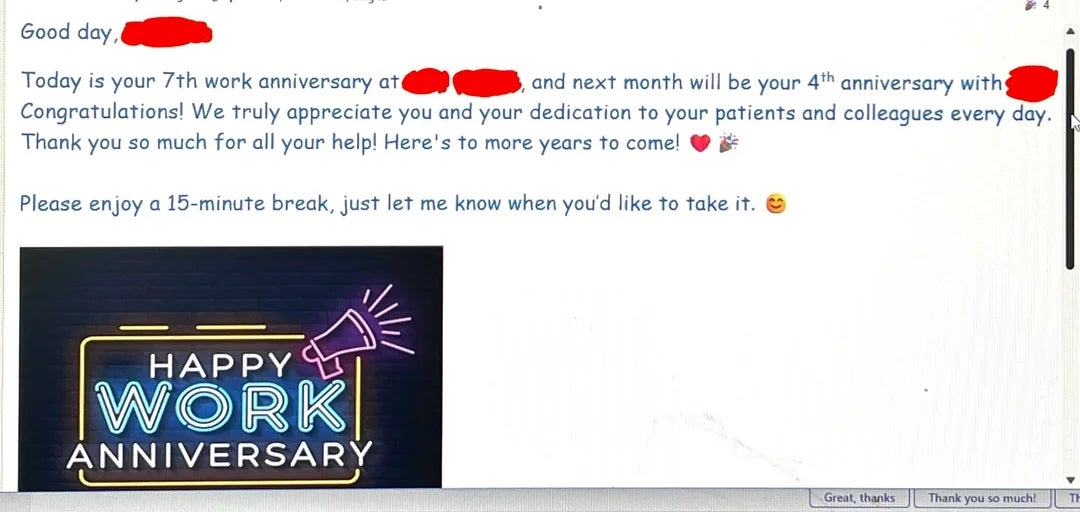 Email congratulating the recipient on their 7th work anniversary and acknowledging their 4th with another party. Includes a "Happy Work Anniversary" graphic
