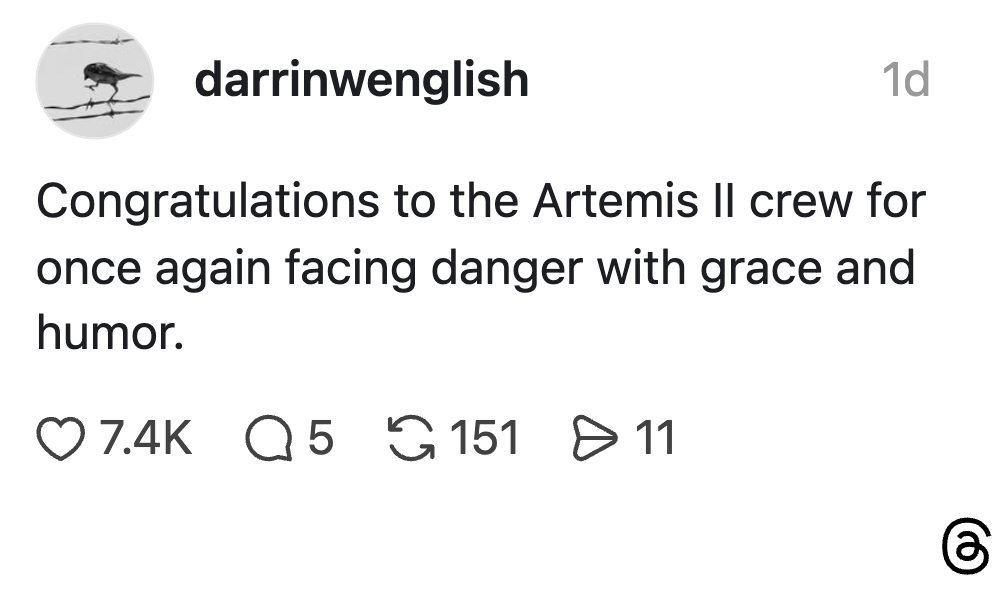 Innlegg på sosiale medier som gratulerer Artemis II-mannskapet for deres tapperhet og humor