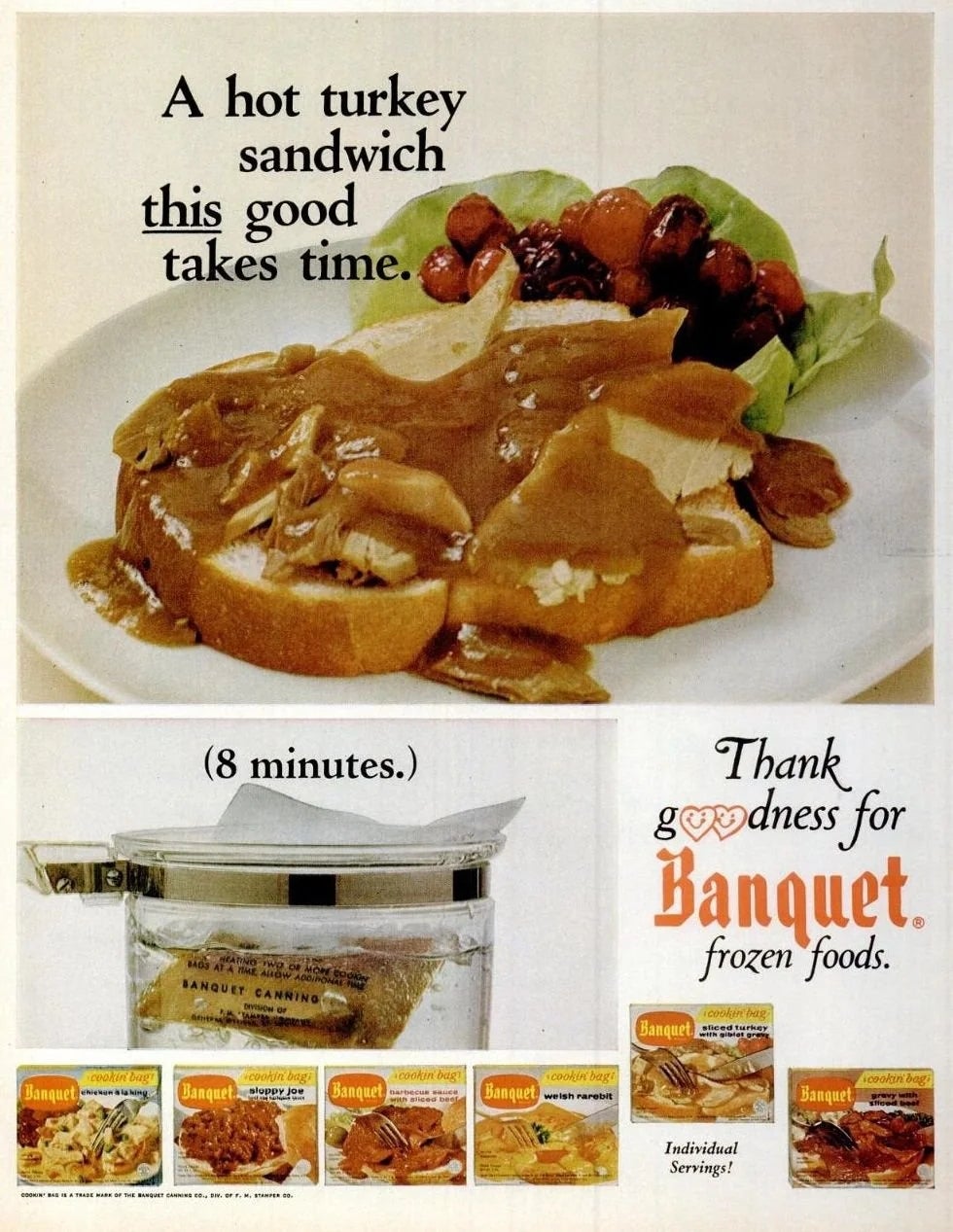 Vintage ad for Banquet frozen foods featuring a hot turkey sandwich and text emphasizing quick preparation in 8 minutes