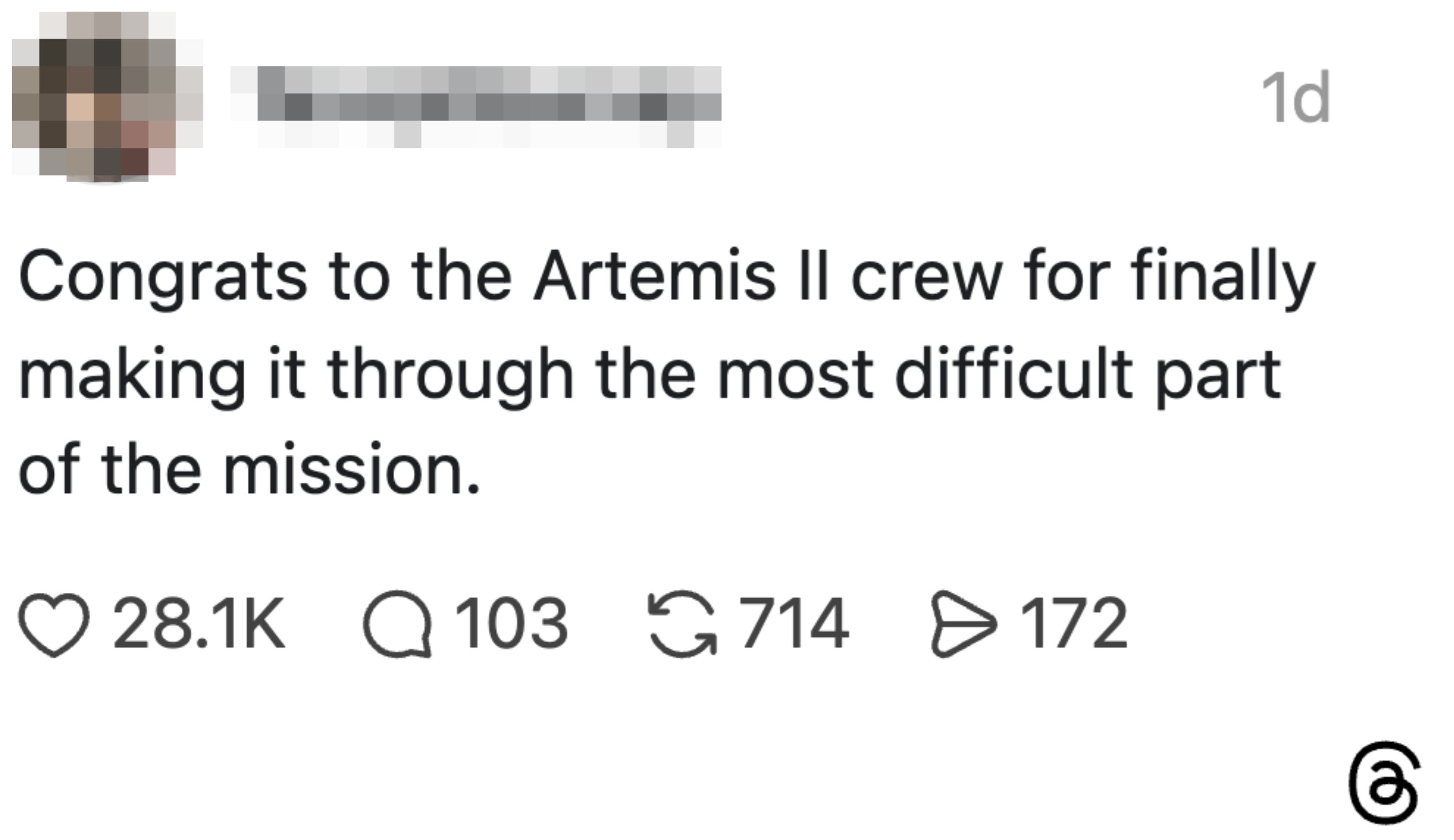 Innlegg: "Gratulerer til Artemis II-mannskapet for å ha fullført den vanskeligste oppgavedelen." 28.1K liker, 103 kommentarer, 714 reposter, 172 delinger