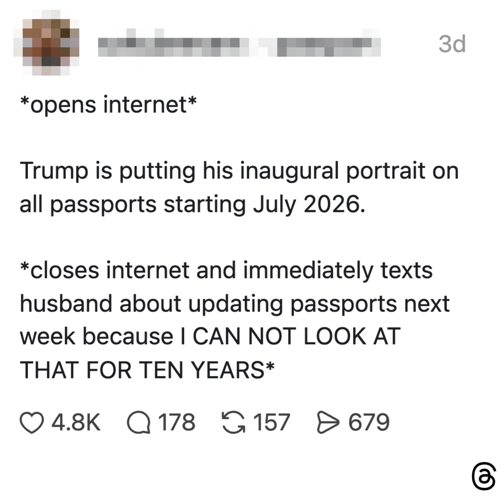 Sosiale medier-innlegg som fleiper om et Trump-portrett på pass fra juli 2026, med en humoristisk reaksjon om å oppdatere passet tidligere