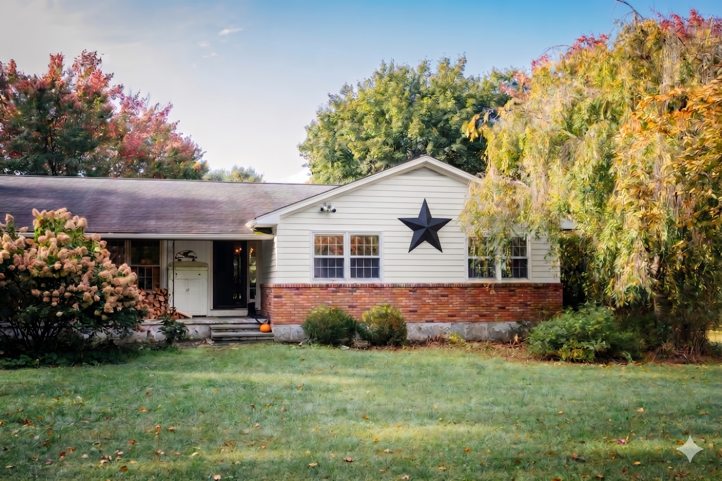 Single-story location   with ceramic  and siding, a ample  prima  connected  the front, surrounded by trees and shrubs, and a grassy lawn