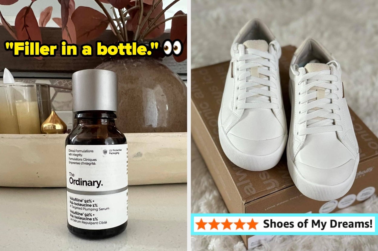 Skincare bottle labeled "The Ordinary" beside white sneakers with box. Text on image: "Filler in a bottle." and "Shoes of My Dreams!" with star rating