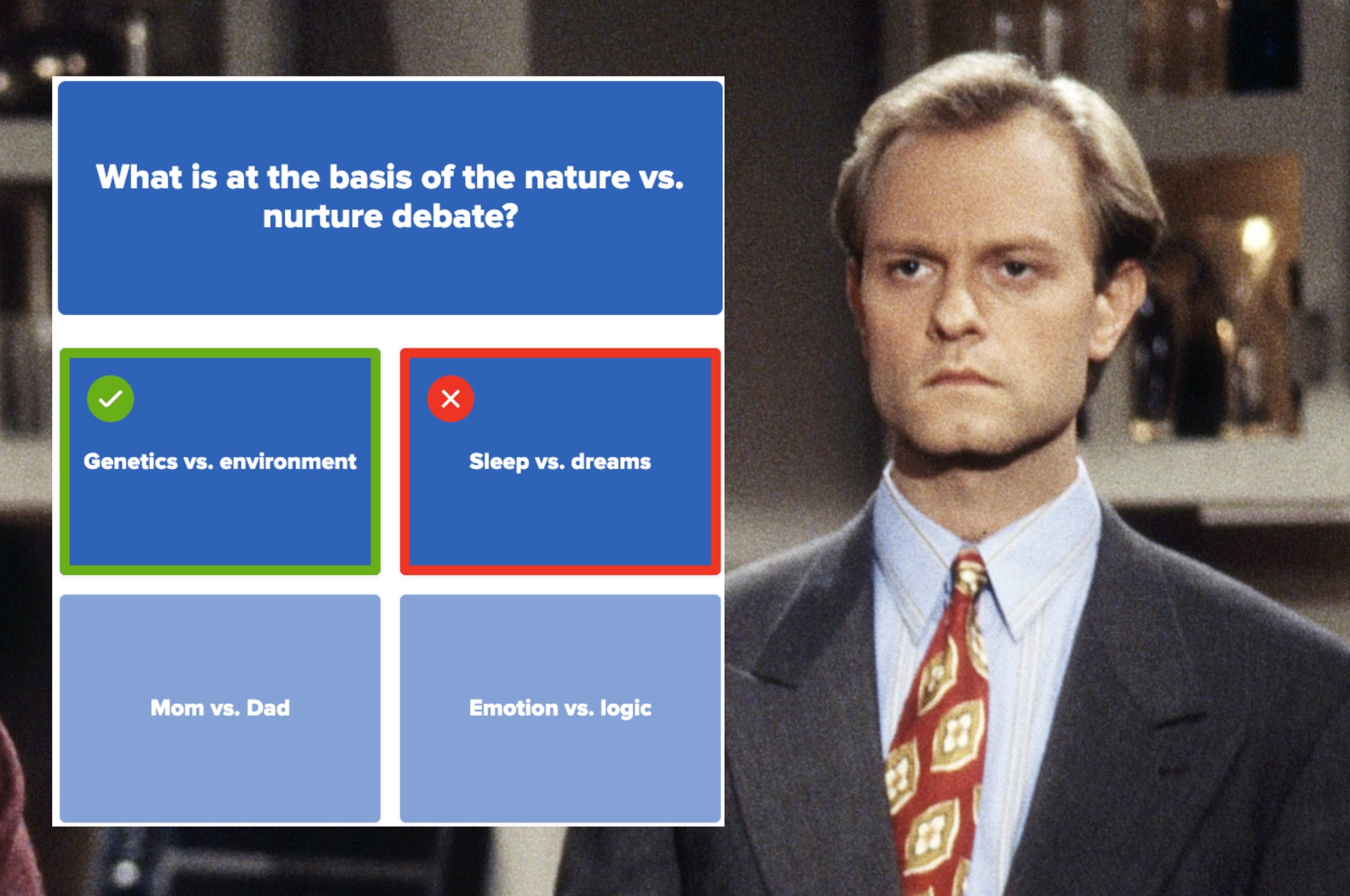 Quiz question about the nature vs. nurture debate on left; person looking perplexed on right