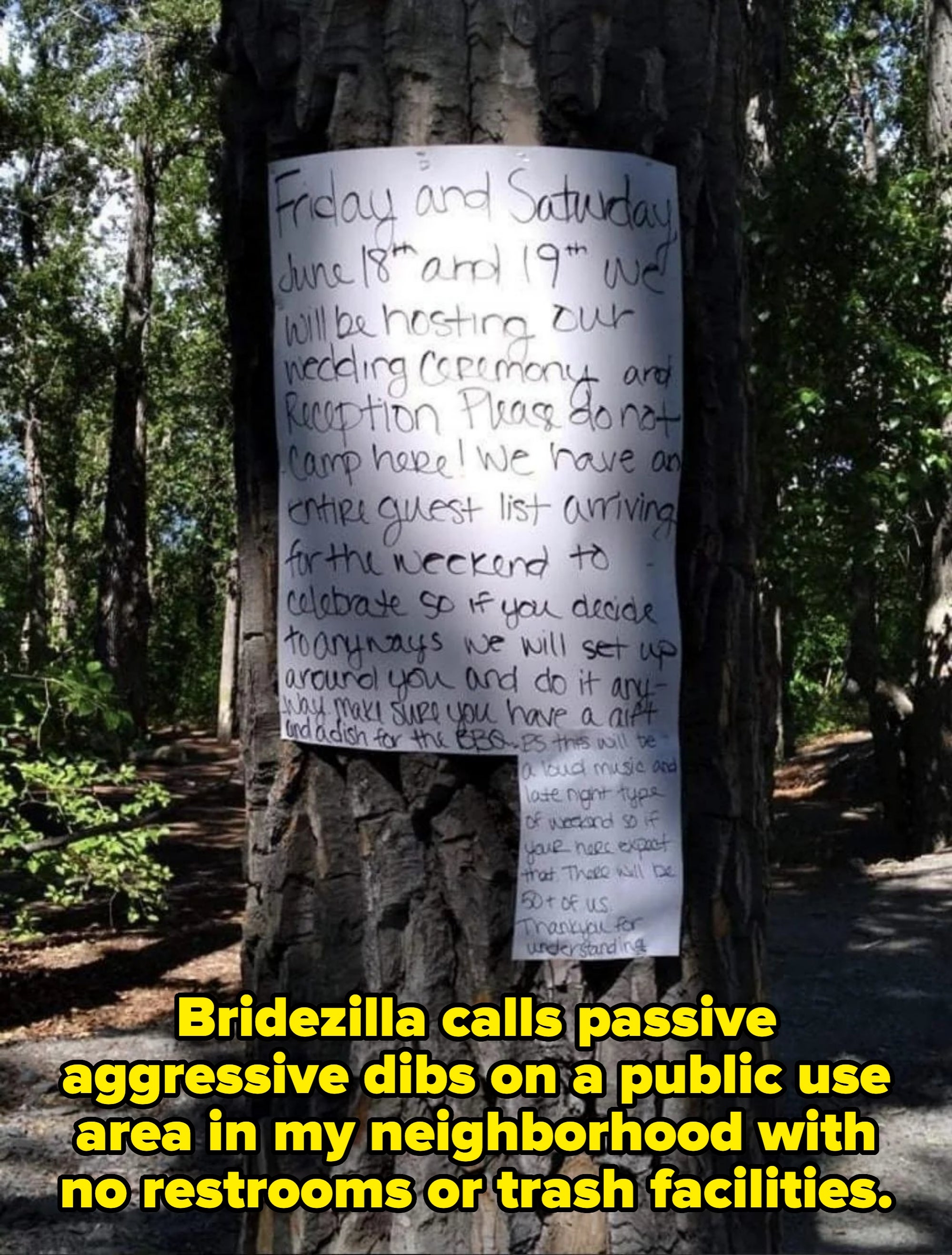 A announcement  connected  a histrion   announces a wedding ceremonial  and reception connected  June 18th and 19th, requesting guests not to campy  astatine  the location