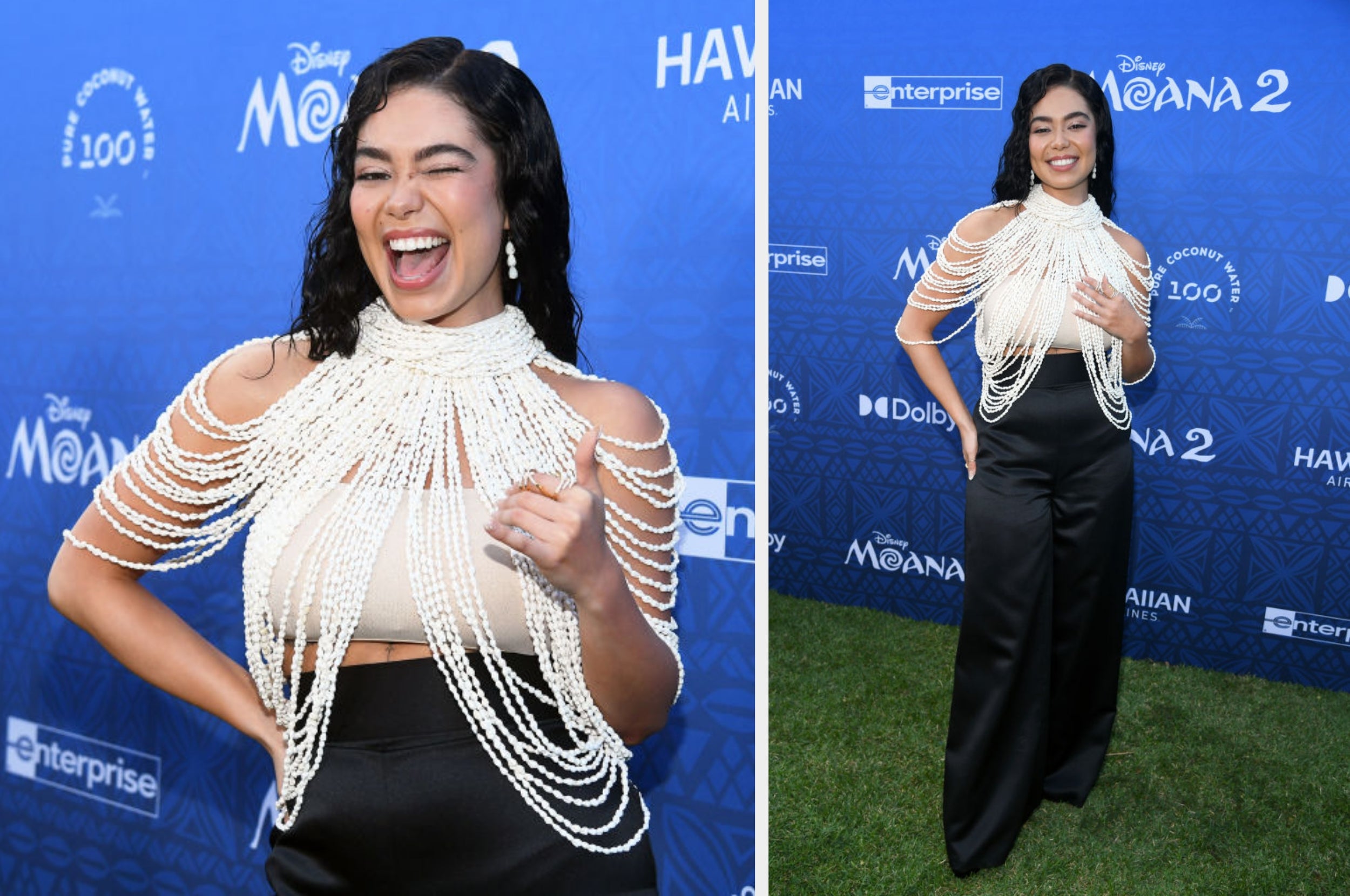 Celebrity connected  reddish  carpet successful  pearl-embellished apical  and achromatic  pants, smiling with manus  gesturing, attending a "Moana 2" event