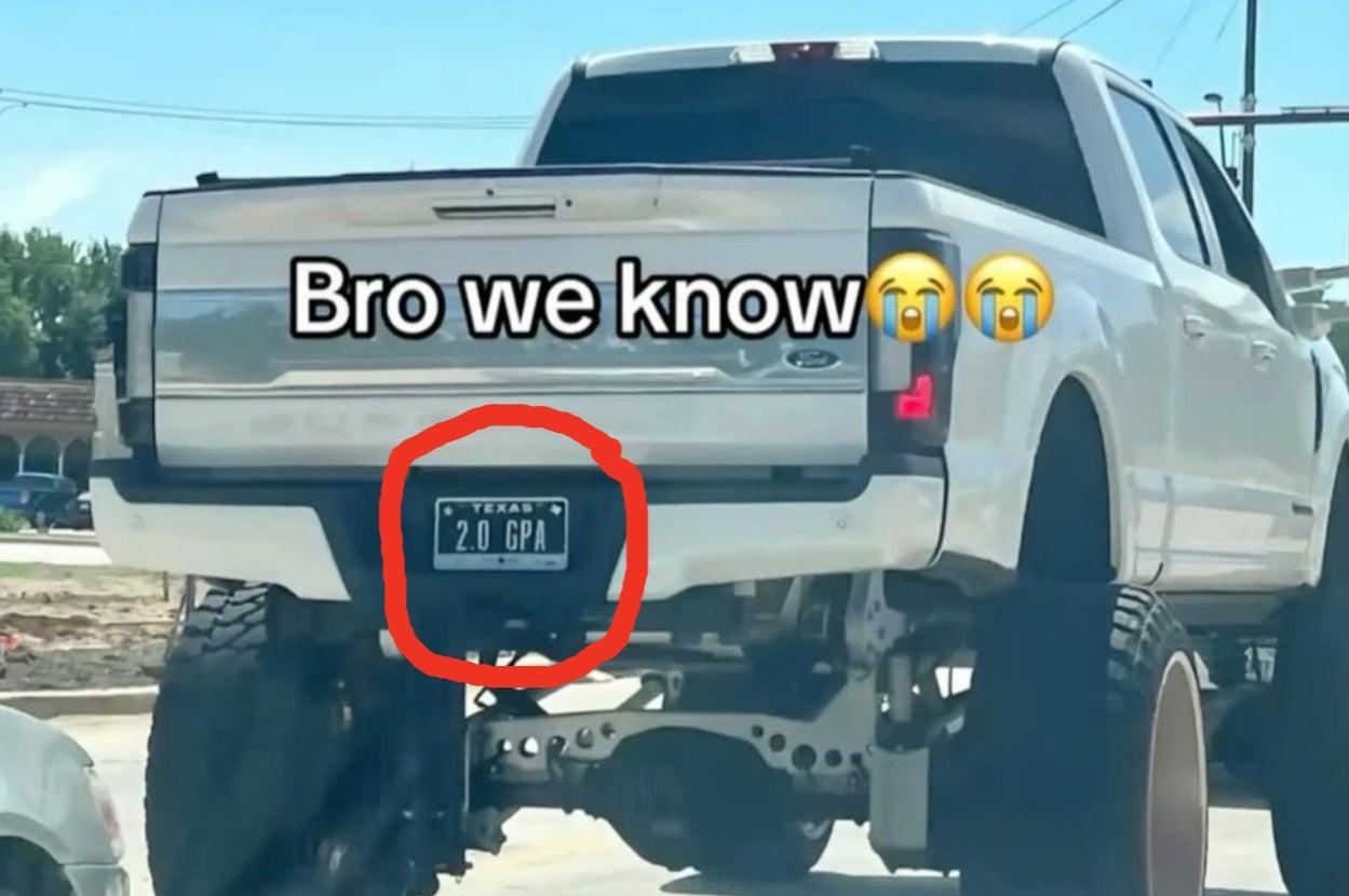 A lifted truck's license plate reads "2.0 GPA" with overlay text "Bro we know" and crying emojis above