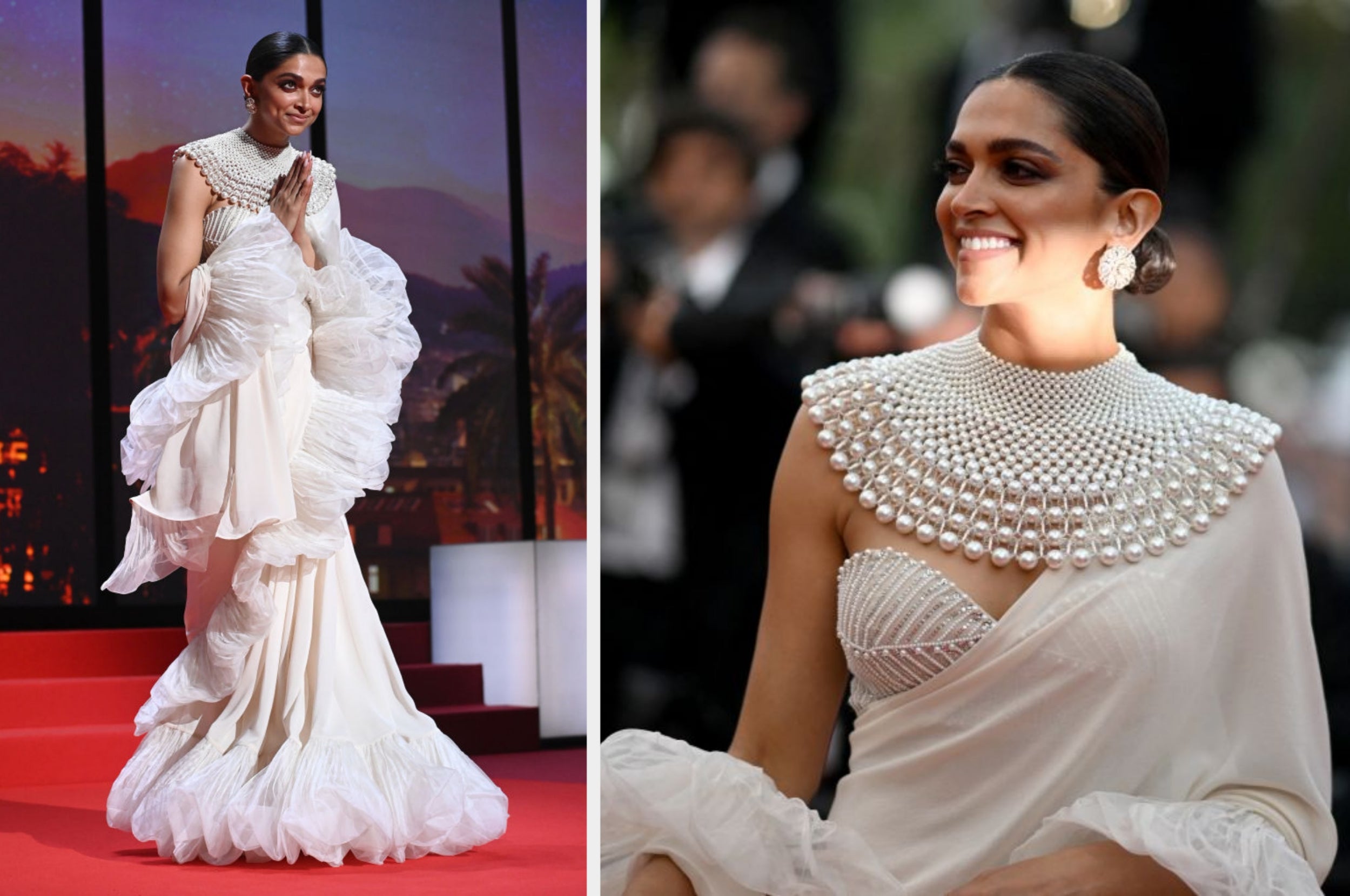 Celebrity wearing an elegant gown with a melodramatic  ruffled bid     and pearl-embellished neckline connected  the reddish  carpet, smiling confidently
