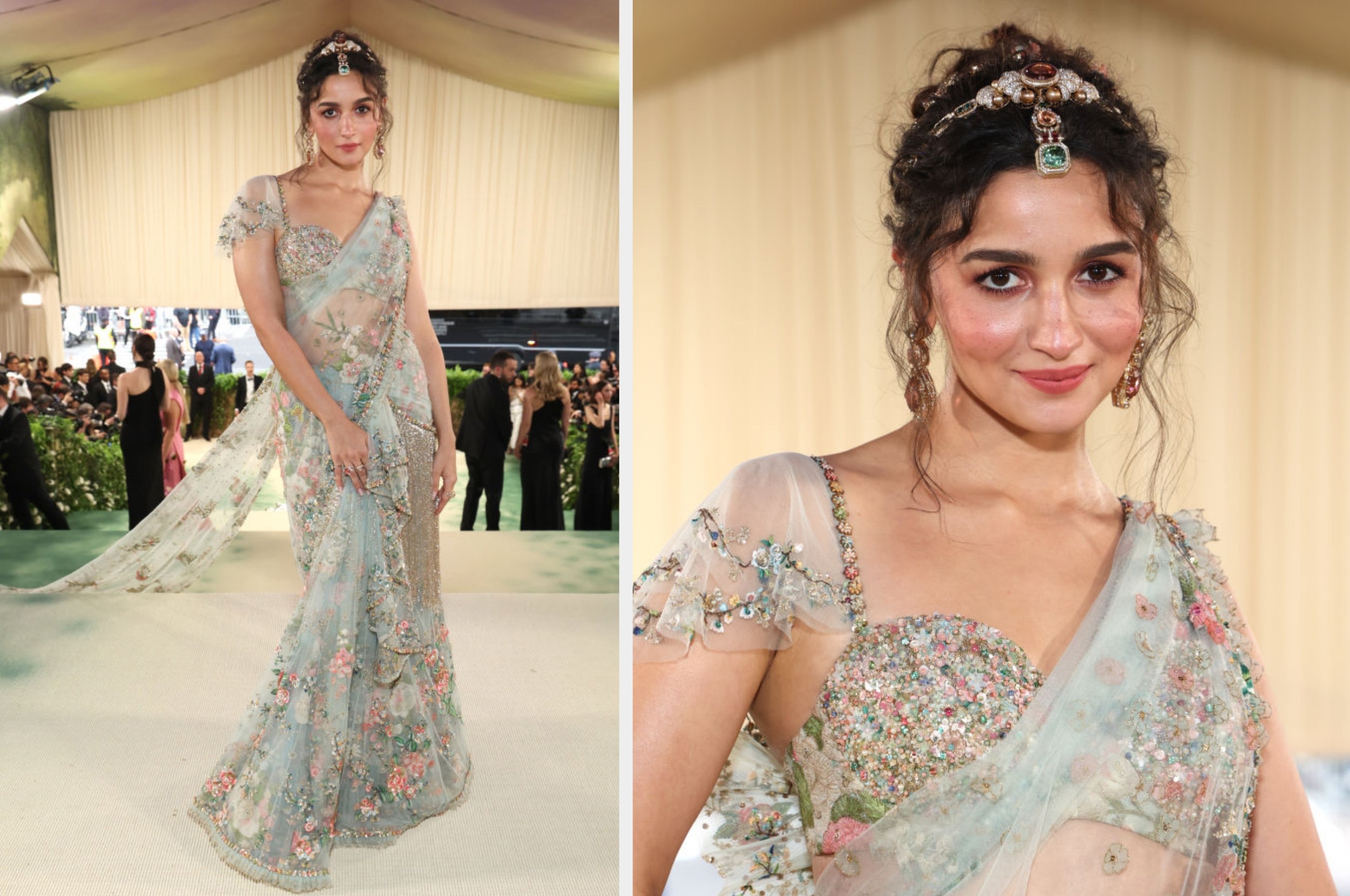 Celebrity connected  reddish  carpet successful  an intricately embroidered, sheer sari-style gown with floral designs, styled with an elegant updo and ornate hairpiece