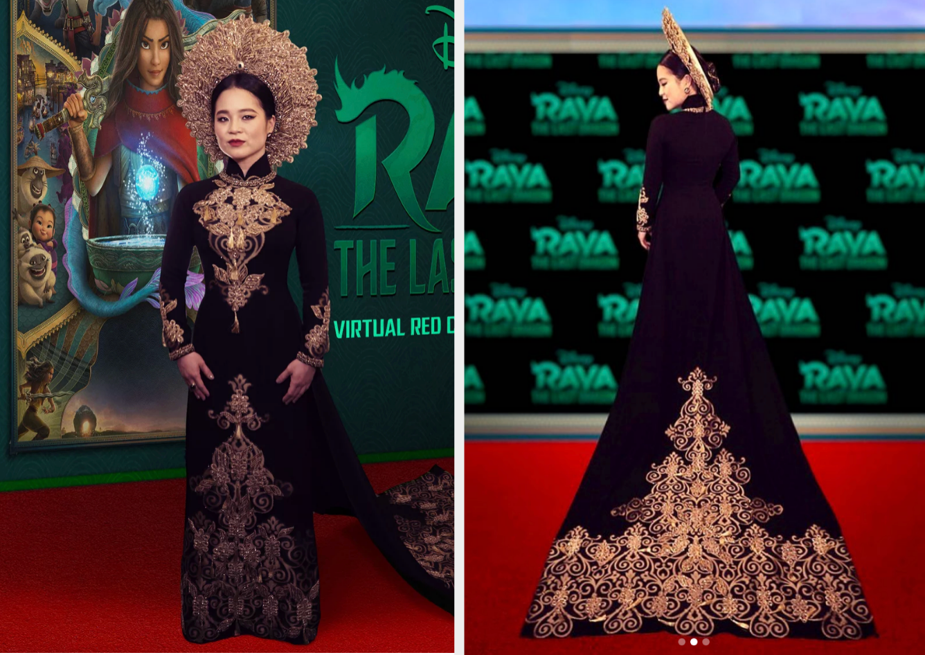 Celebrity successful  an elegant, floor-length gown with intricate patterns and a ample  decorative headdress connected  a reddish  carpet event